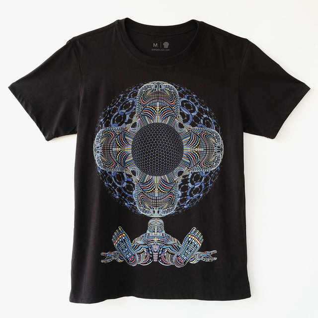 Silk screen printed t shirt featuring glow in the dark and uv active inks. 