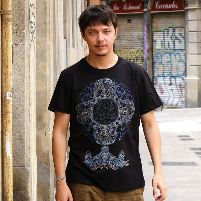 Silk screen printed t shirt featuring glow in the dark and uv active inks. 