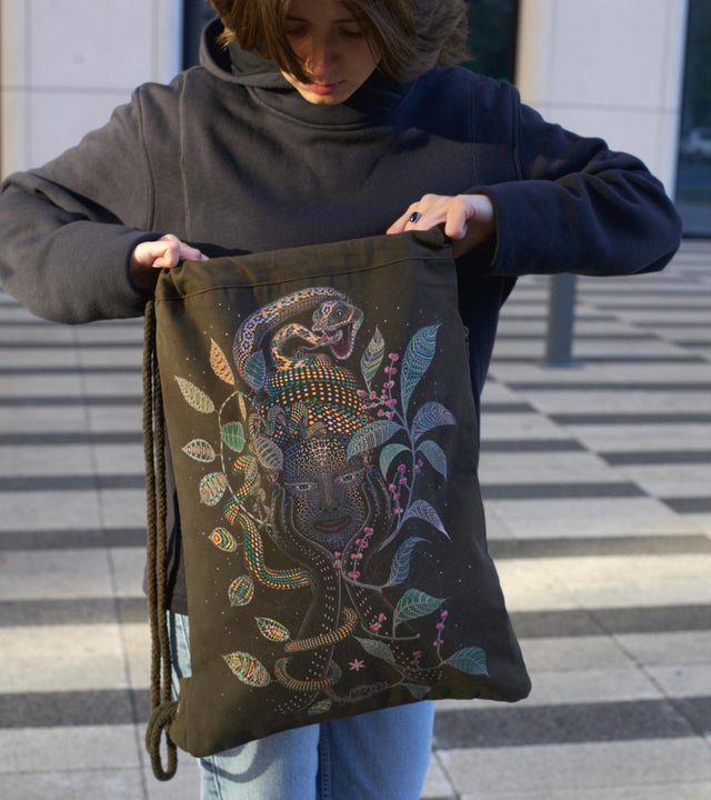 Aya Drawstring Bag - Sacred Geometry Canvas Backpack with UV Reactive