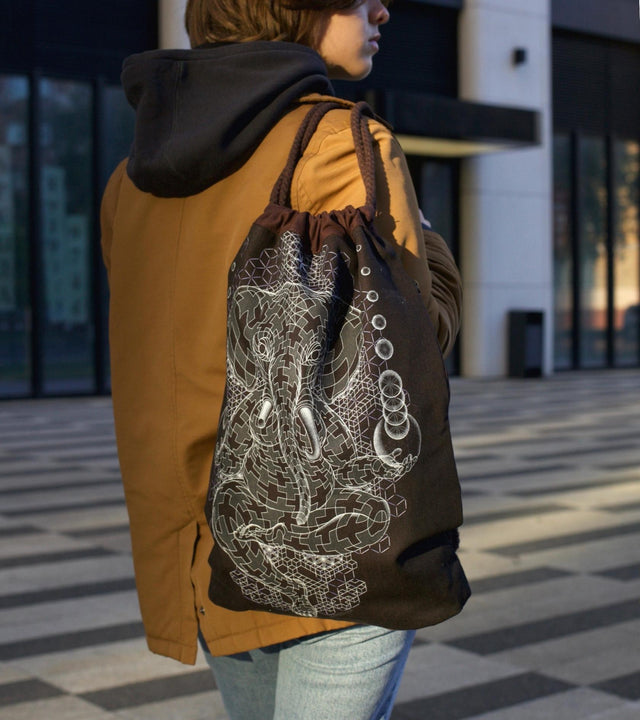 Ganescher Drawstring Bag - Geometric Ganesha Art on Brown Canvas