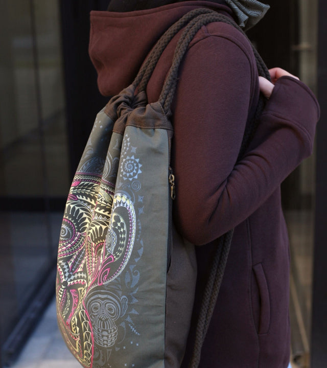 Ta Moko Drawstring Bag - Khaki Sacred Geometry UV Reactive