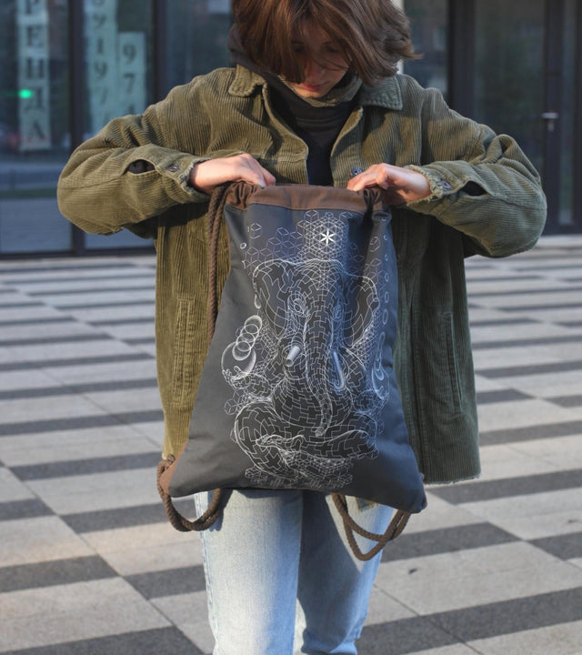 Ganescher Drawstring Bag - Grey Canvas Sacred Geometry