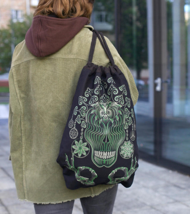 Gulgalta Drawstring Bag - Black Canvas with UV Reactive Skull Art