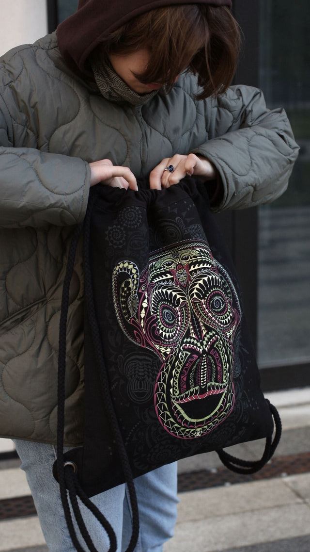 Ta Moko Drawstring Bag - Black Canvas with UV Reactive Print