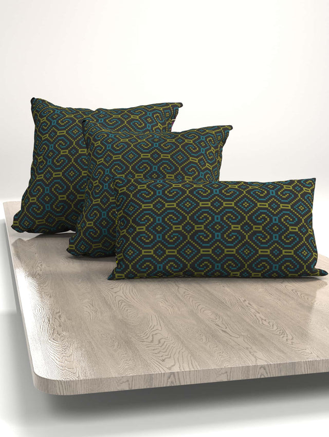 Shipibo-Conibo Cushion - Turquoise Olive on Black