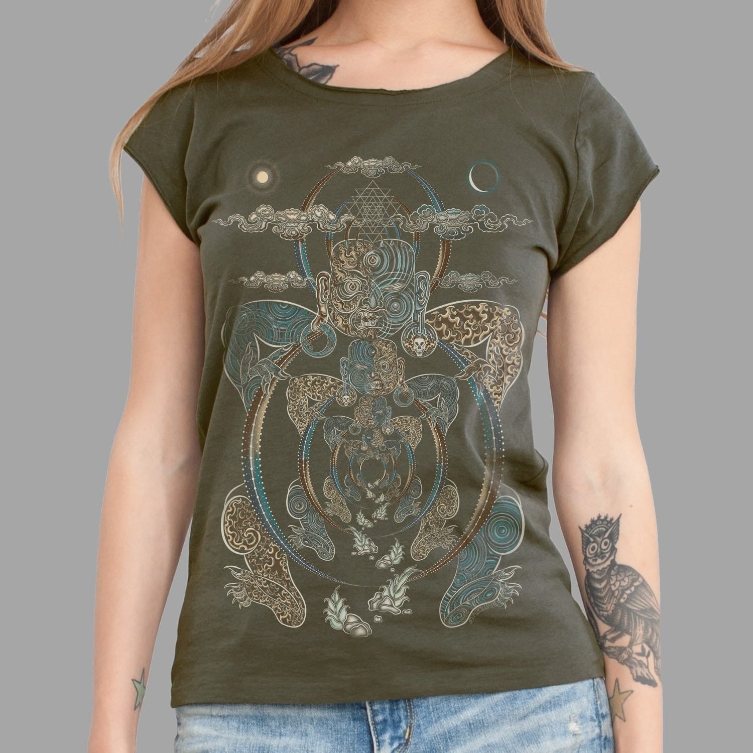 Yogabhoga Slim Fit T-Shirt Olive — visionary art by Symbolika