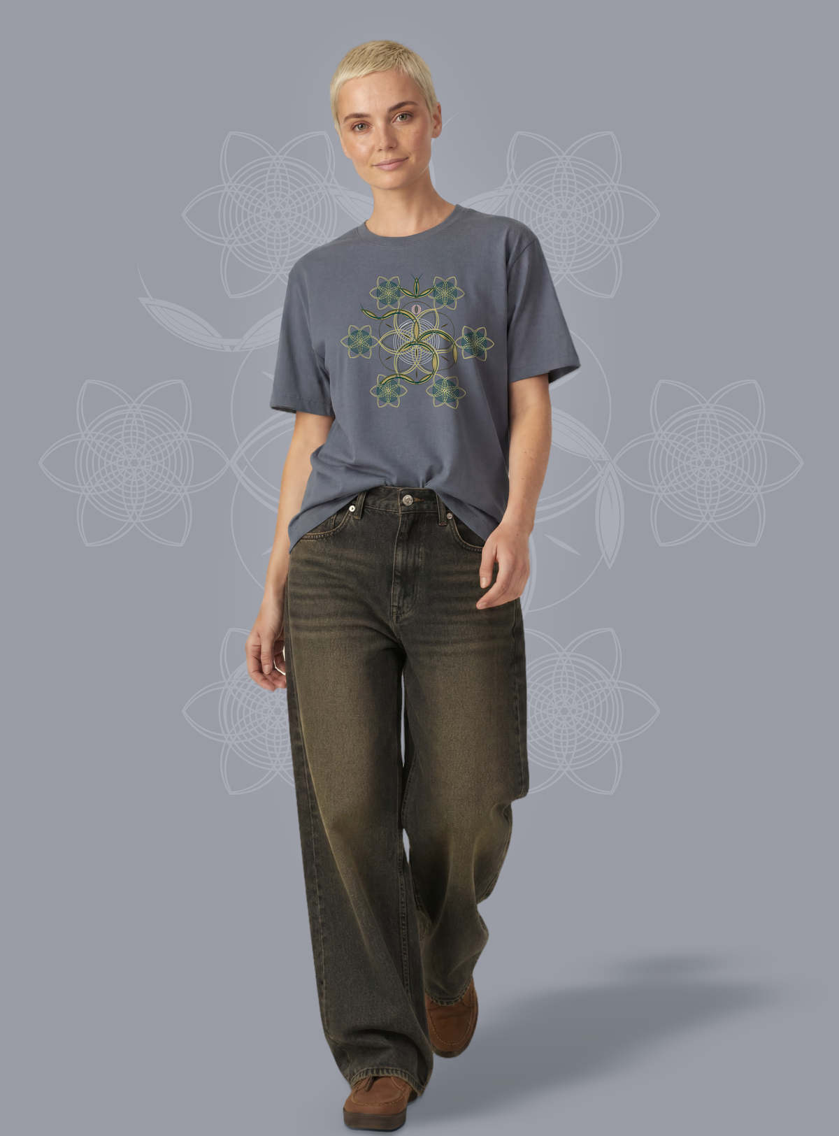 Flower of Life OM — Steel Blue — woman full