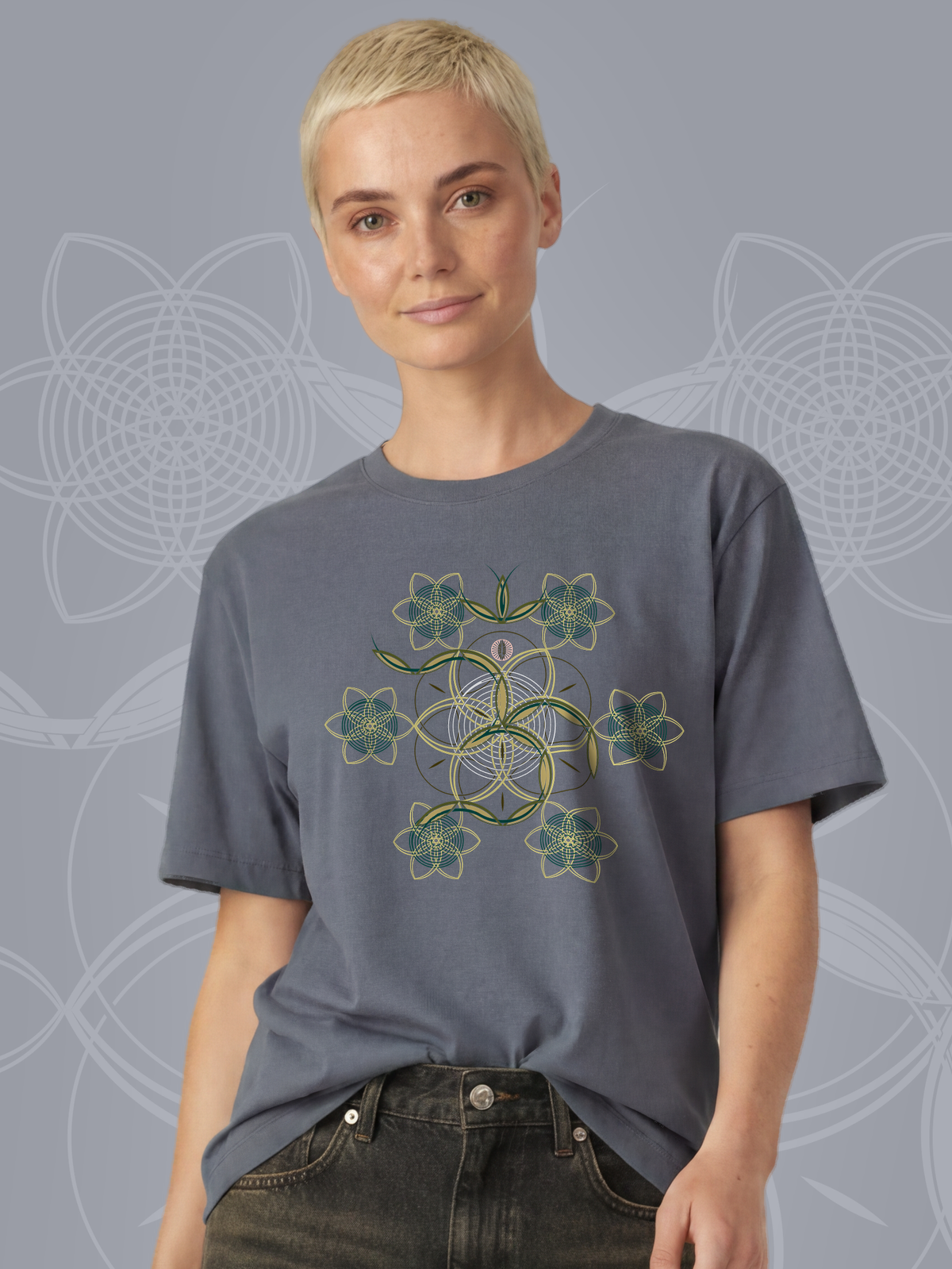 Flower of Life OM — Steel Blue — woman bust