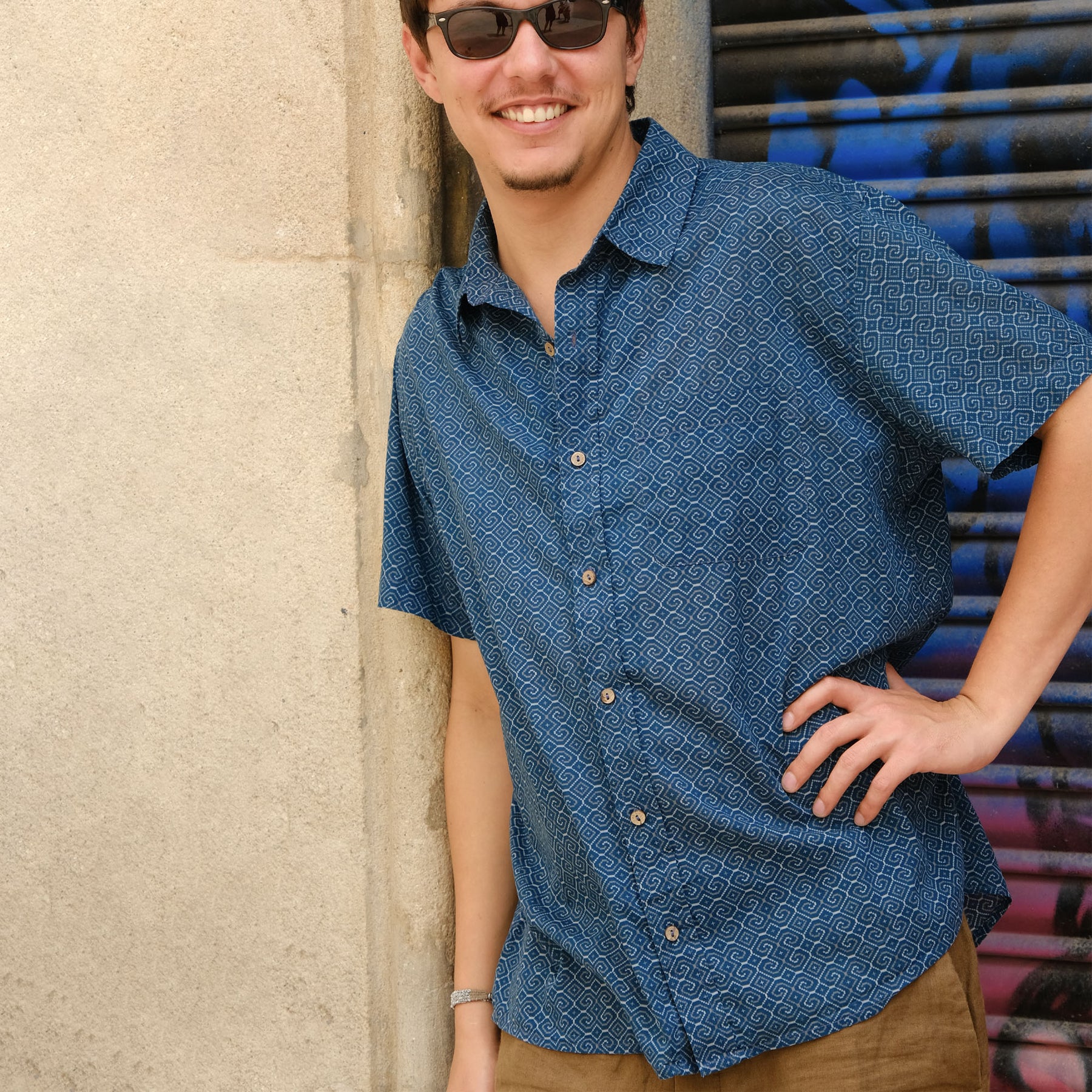 Shipibo Conibo Blue Half Sleeve Button Up Shirt - symbolika