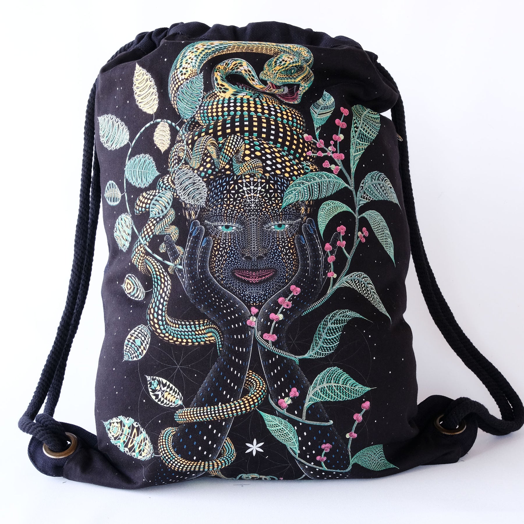 Aya Drawstring Bag - Mother Ayahuasca face with turquoise botanical art by Symbolika