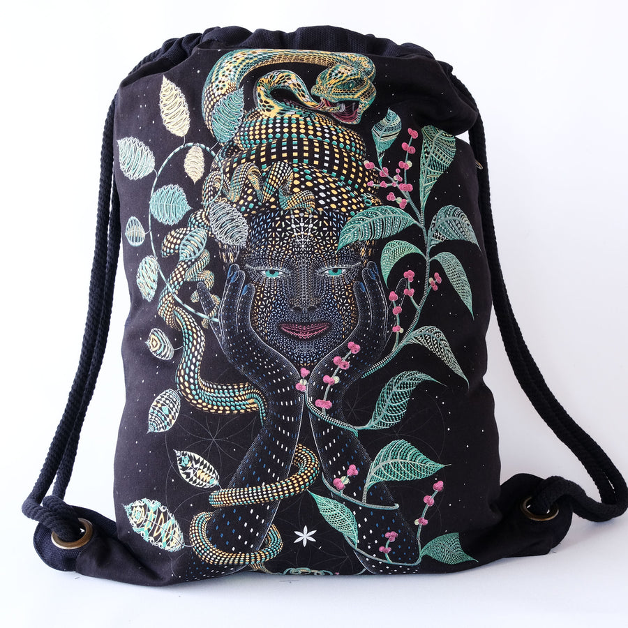 Aya Drawstring Bag - Mother Ayahuasca face with turquoise botanical art by Symbolika