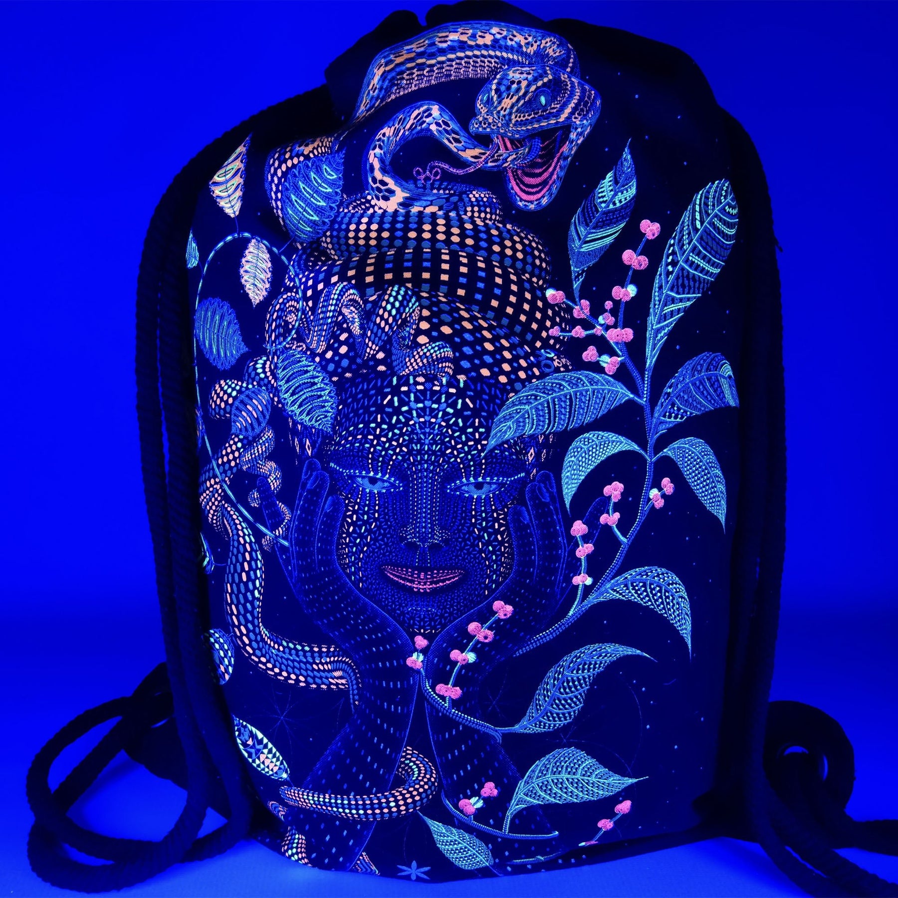 UV reactive drawstring bag - glowing turquoise ayahuasca art under blacklight by Symbolika