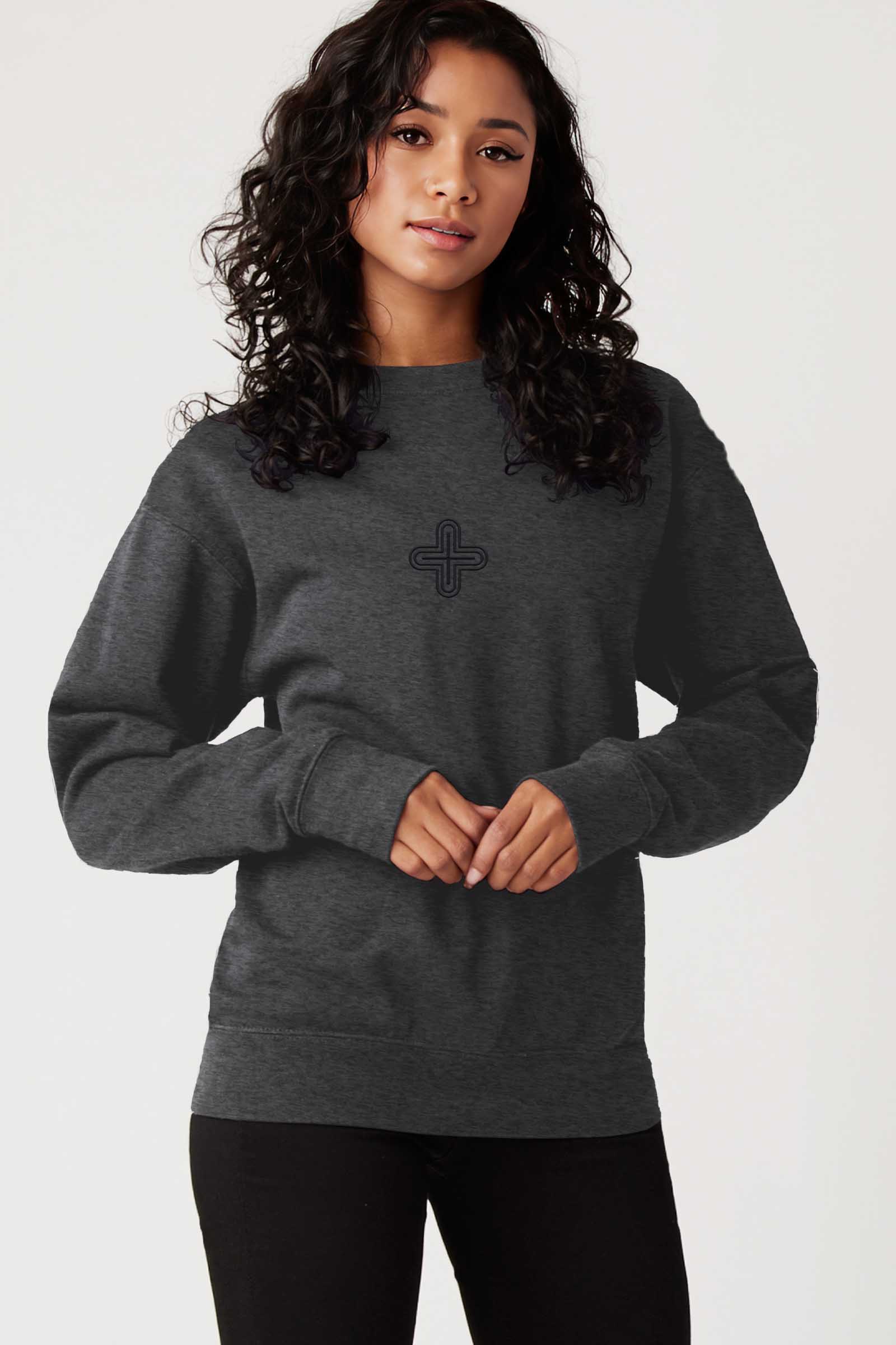 Plus - Monochrome Embroidery Women Sweatshirt - Black - symbolika