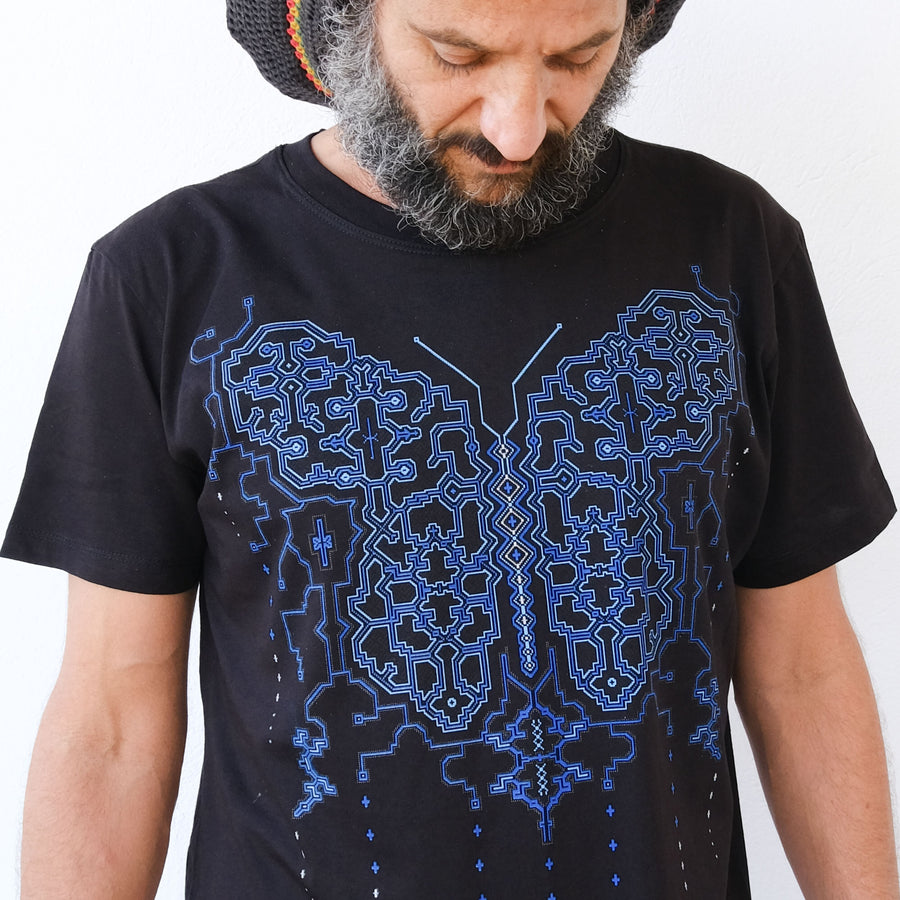 Shipibo Butterfly T-Shirt Black — visionary art by Symbolika