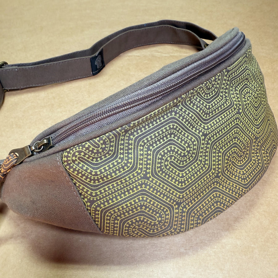 Morcels Gradient Fanny Pack - Mushroom Dotwork Pattern in Green on Gray Canvas by Symbolika