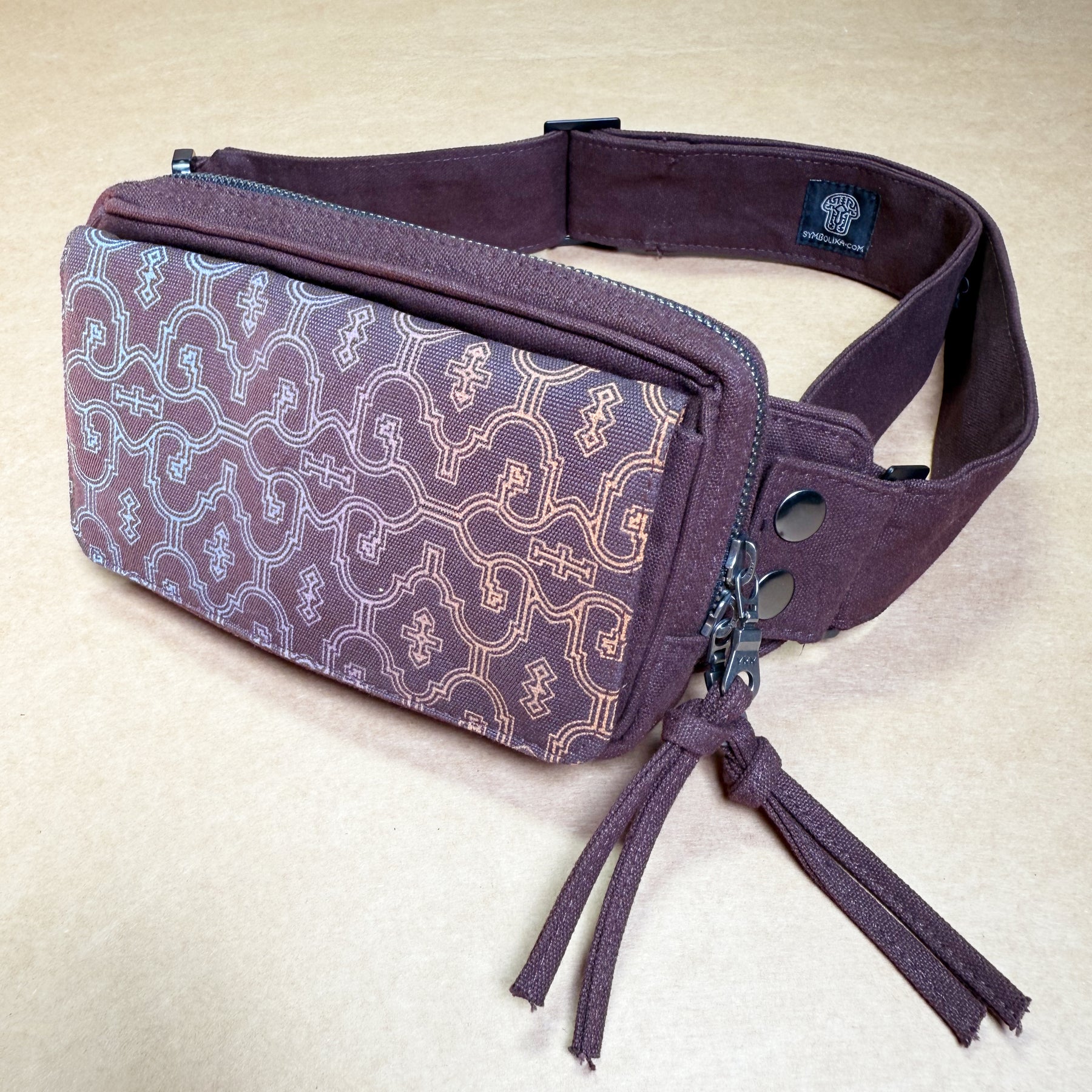 Shipibo Classic Gradient Waist Bag - burgundy to teal gradient with authentic kené patterns by Symbolika