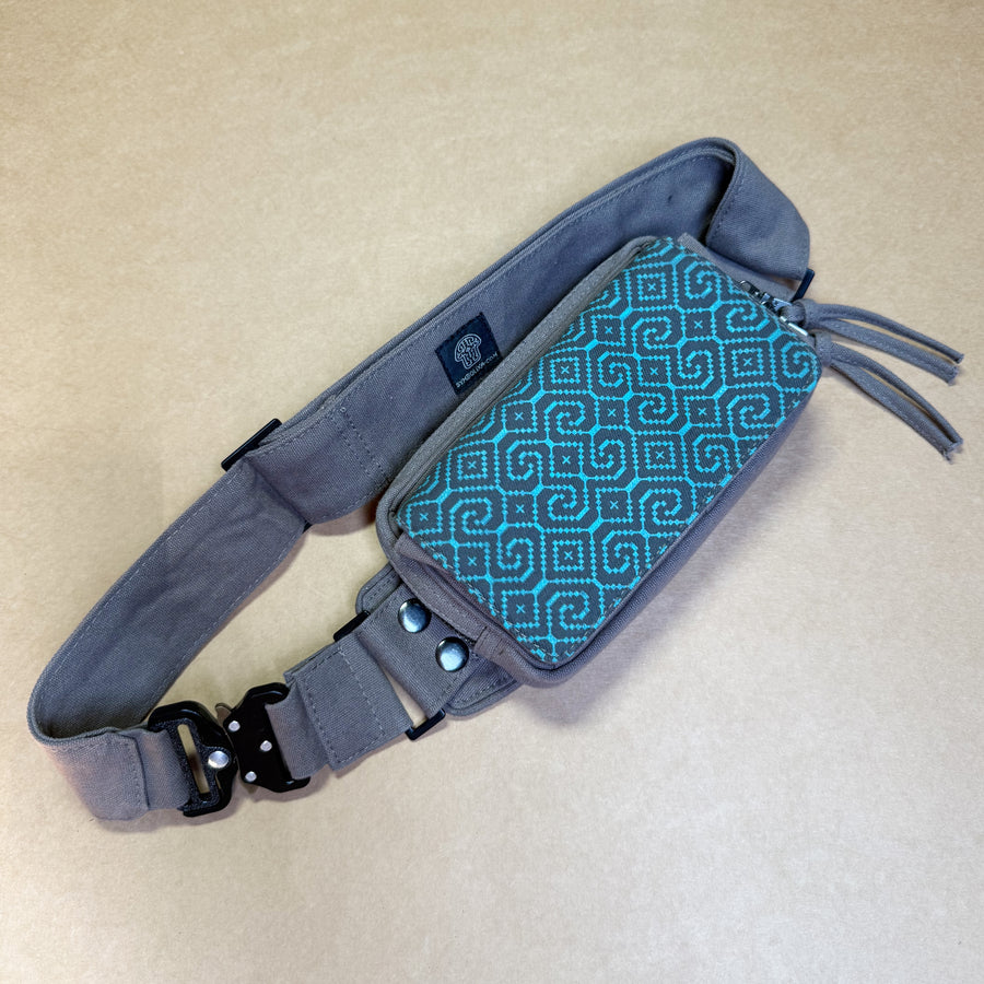 Shipibo Conibo Blue Waist Bag — YKK & Magnetic Lid Psychedelic Art Print on Black T-Shirt by Symbolika