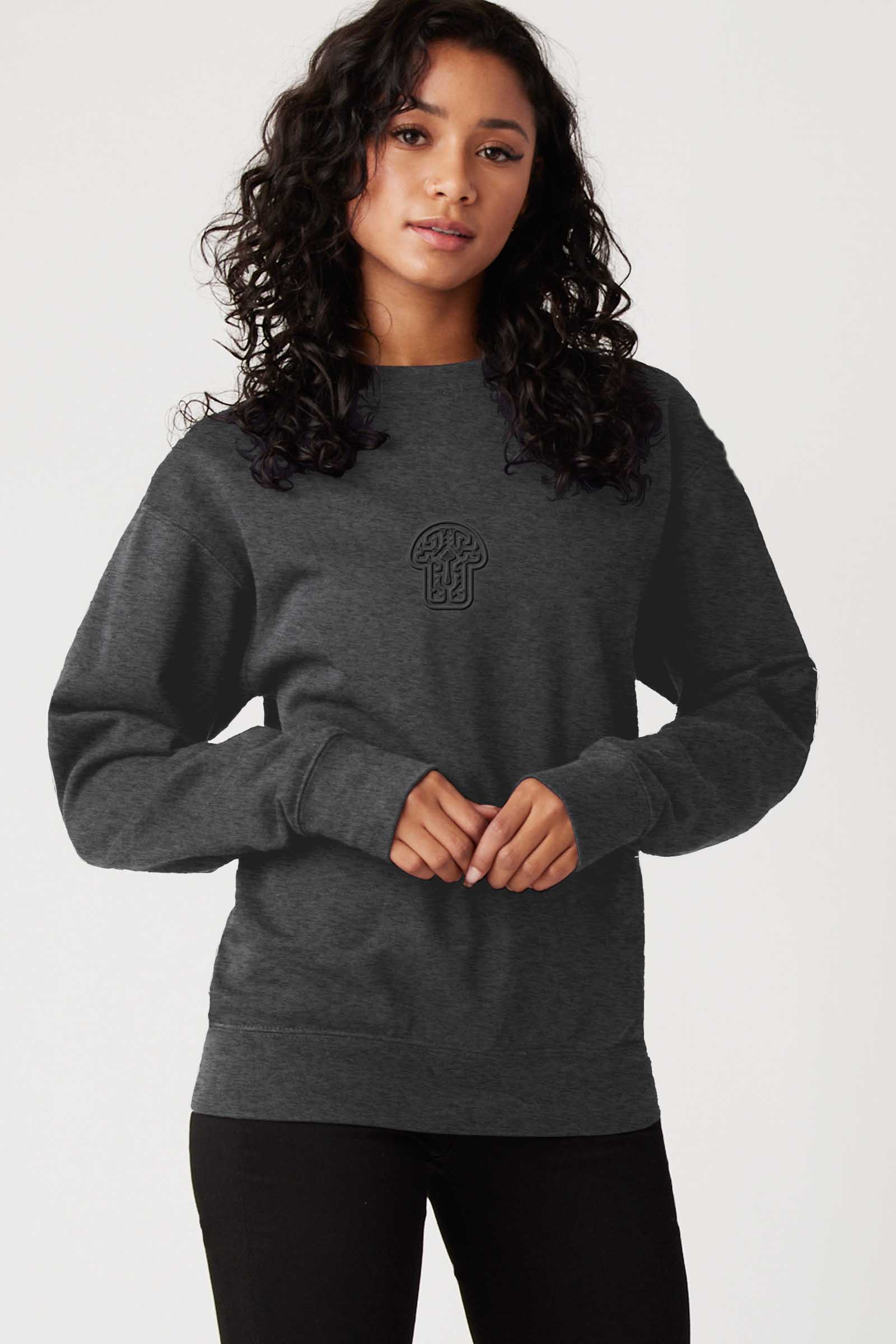 Psychedelic Shroom - Monochrome Embroidery Women Sweatshirt - Charcoal - symbolika