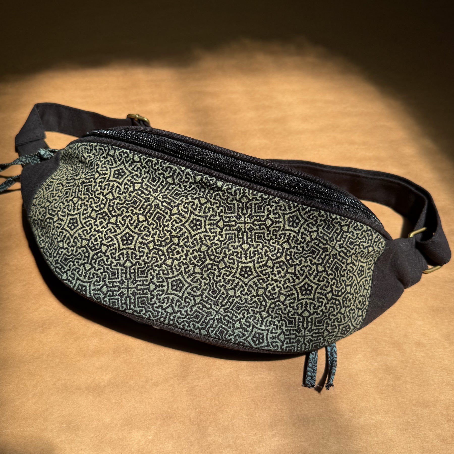 Shroomy Fanny Pack - Psilocybin mushroom mandala art in turquoise on black canvas by Symbolika