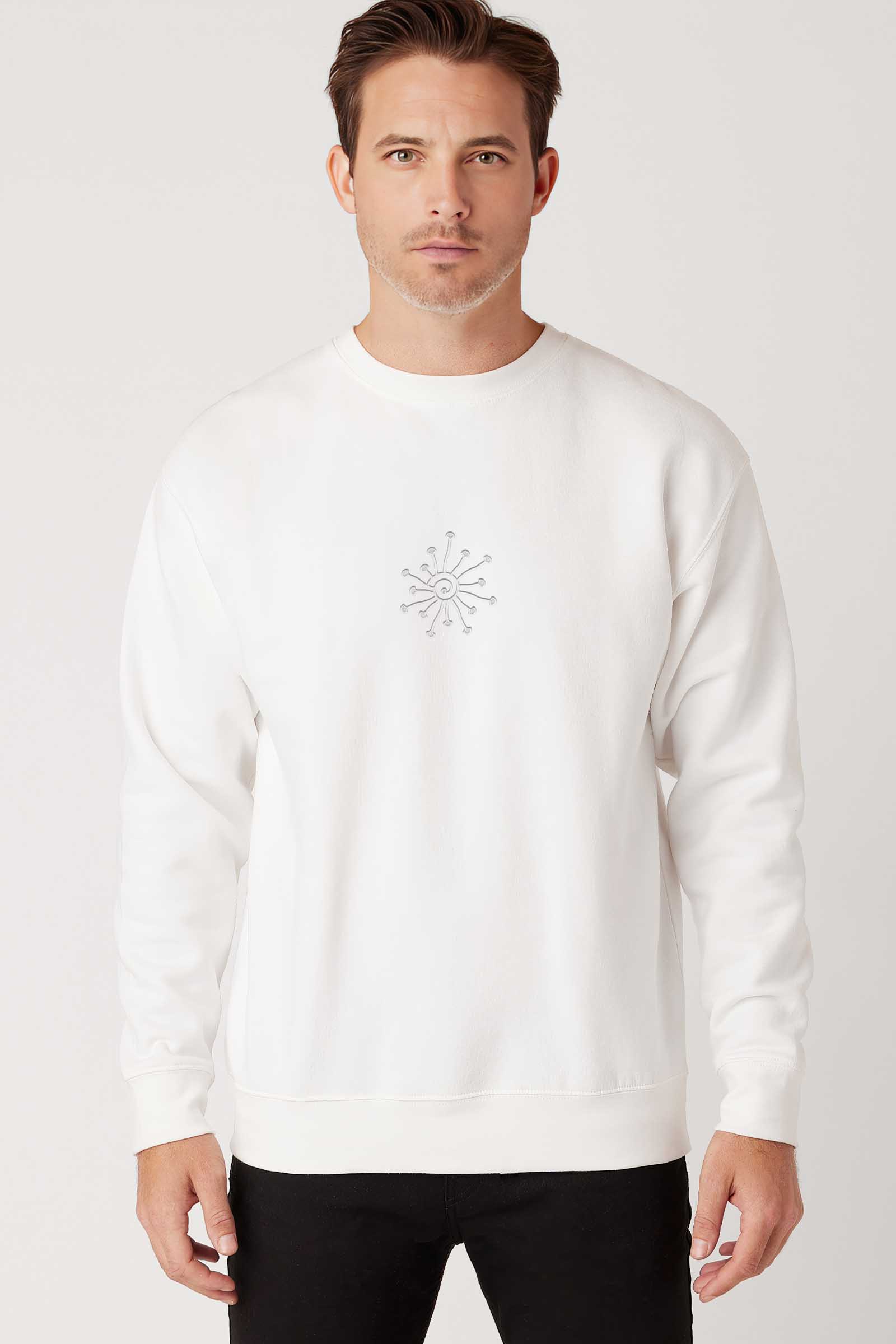 Shroomy - Monochrome Embroidery Men Sweatshirt - White - symbolika