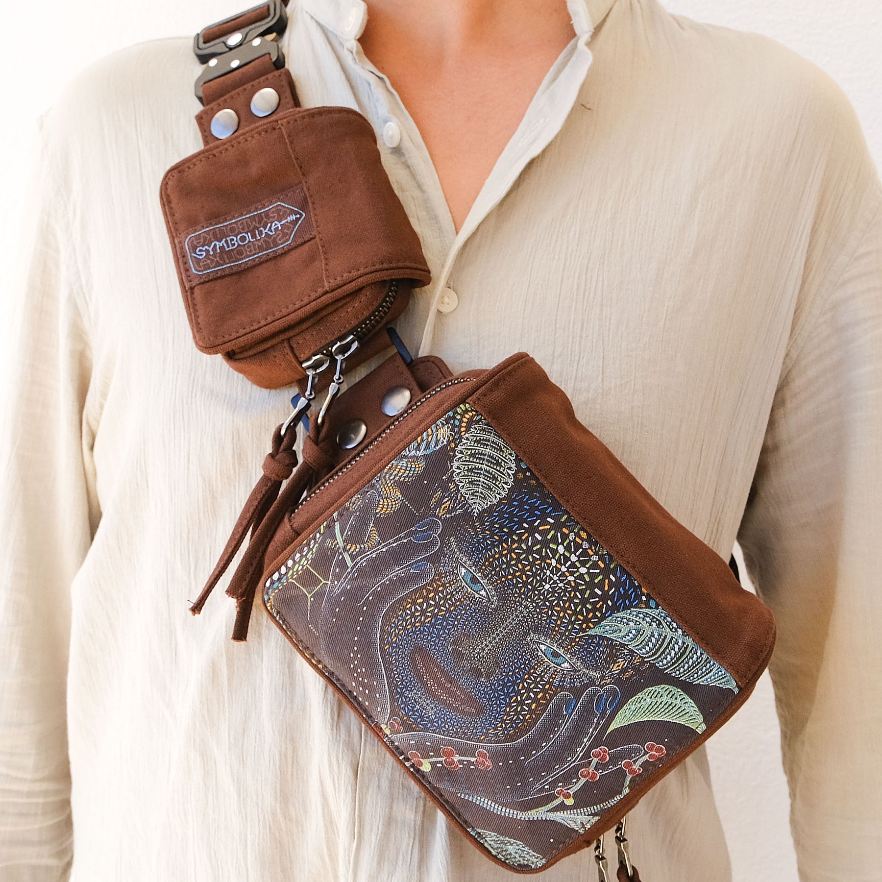 AYA Belt Bag - Mother Ayahuasca geometric art on brown canvas by Symbolika