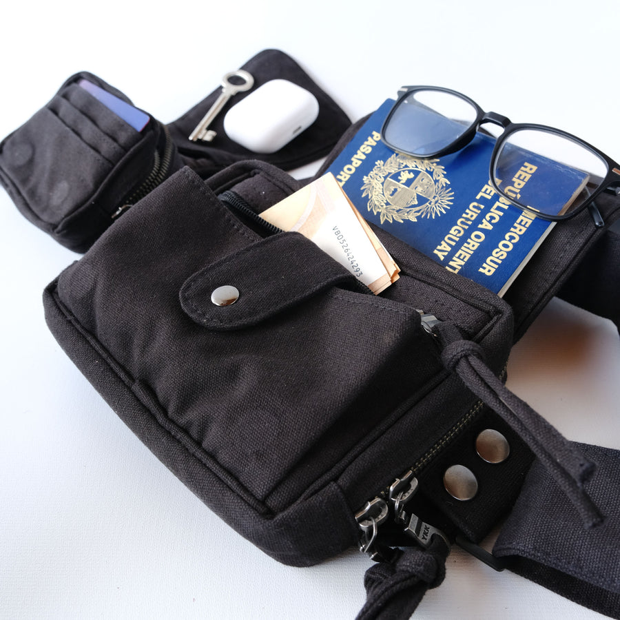 Trinfinity Belt Bag — Infinity Loop Sacred Geometry Psychedelic Art Print on Black T-Shirt by Symbolika