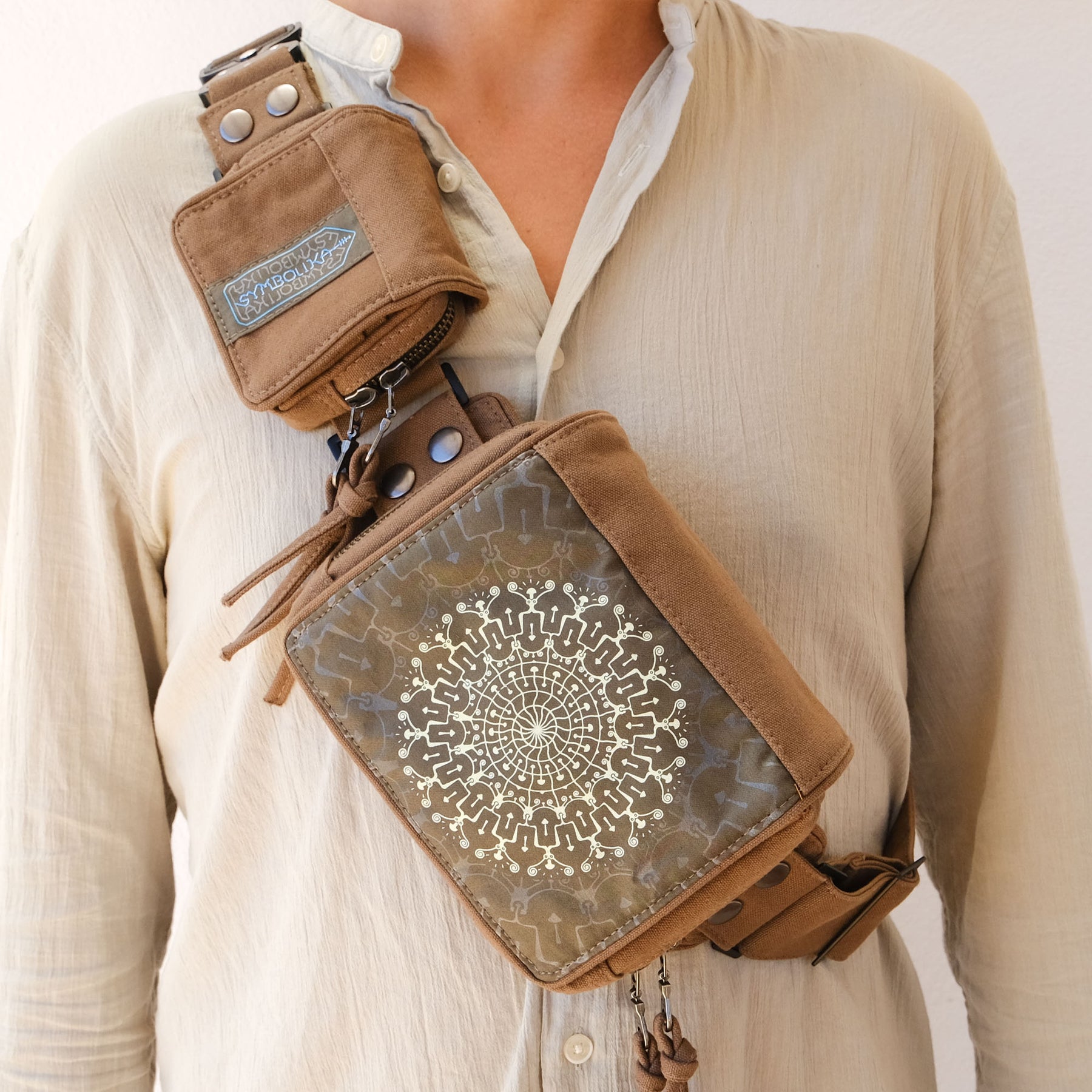Shroom Hora Belt Bag - Psilocybin mushroom mandala on olive canvas by Symbolika