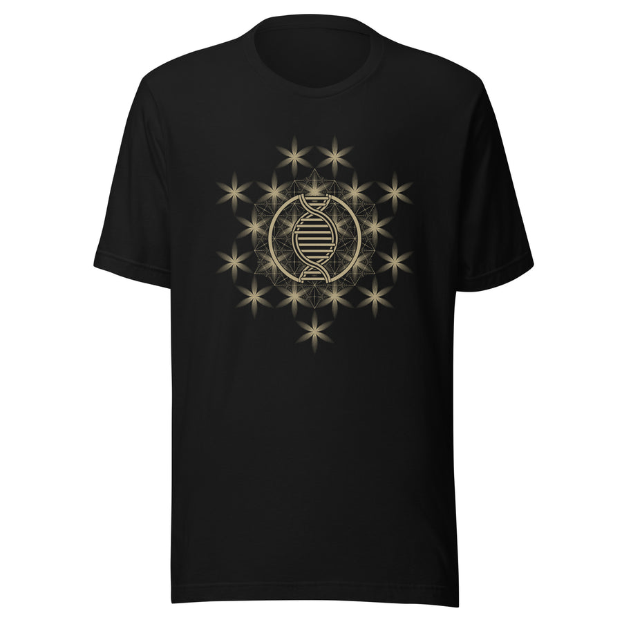 DNA Sacred Geometry T-Shirt - Golden double helix with mandala patterns by Symbolika
