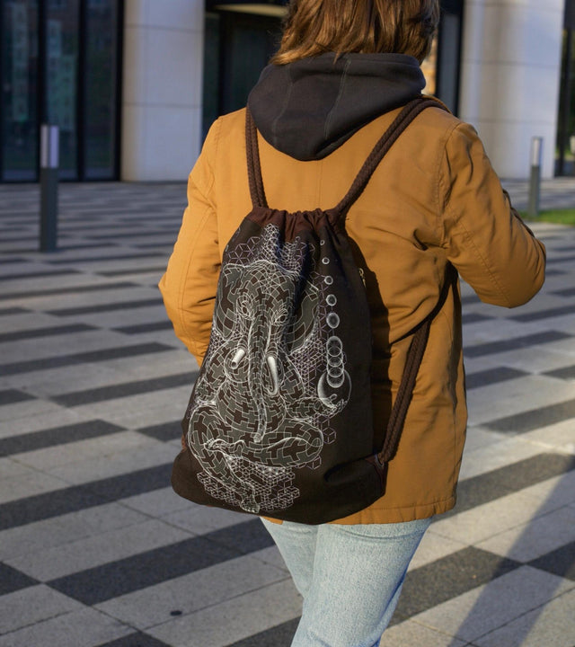 Ganescher Drawstring Bag - Geometric Ganesha Art on Brown Canvas