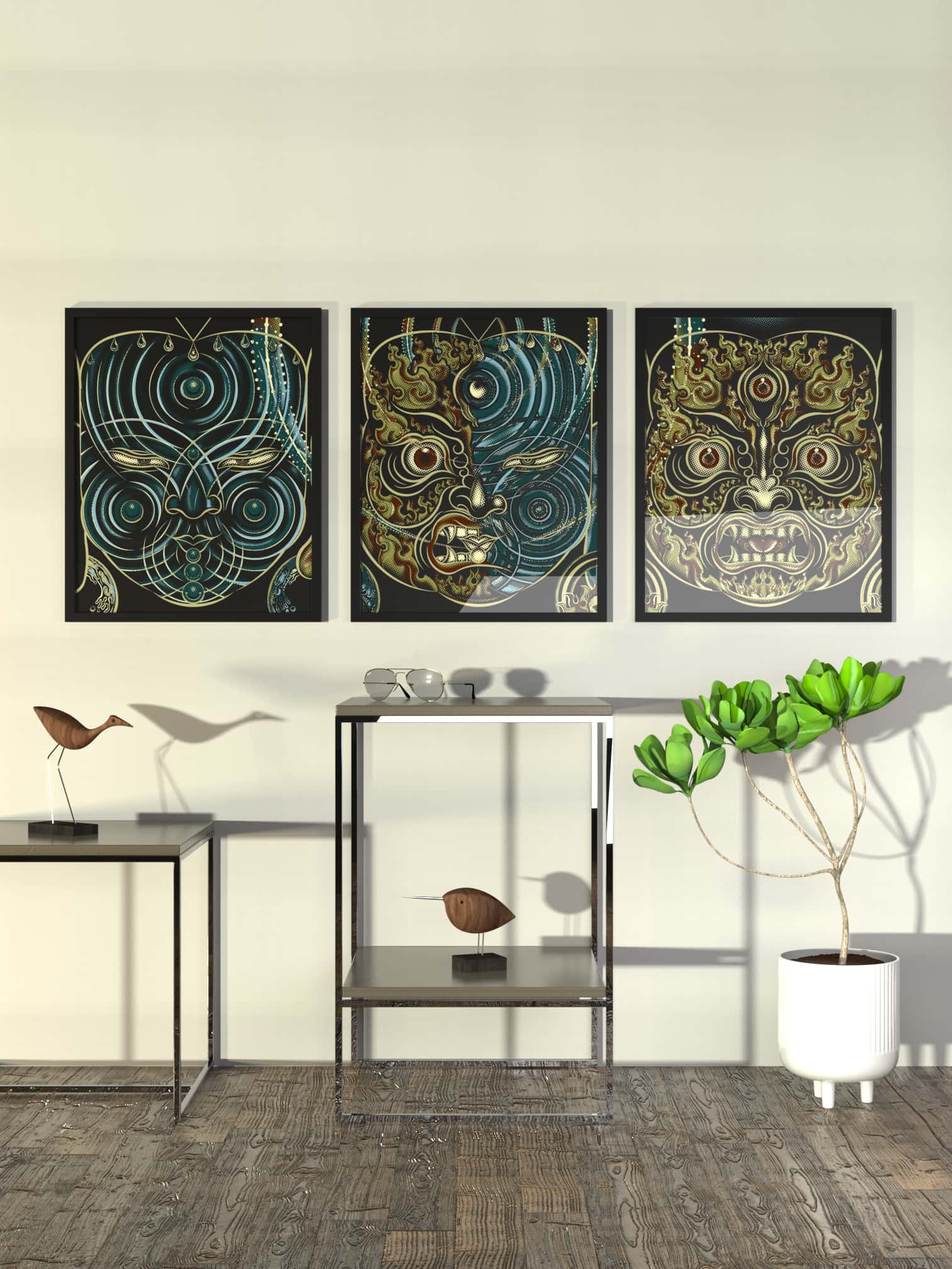 Set of 3 YogaBhoga Faces Framed Poster - symbolika