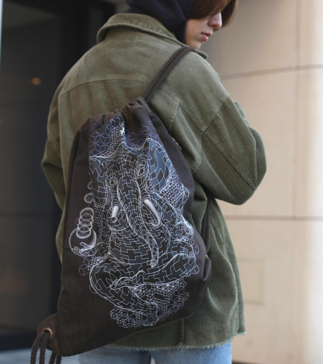 Ganescher Drawstring Bag - Sacred Geometry Ganesha Art - Khaki