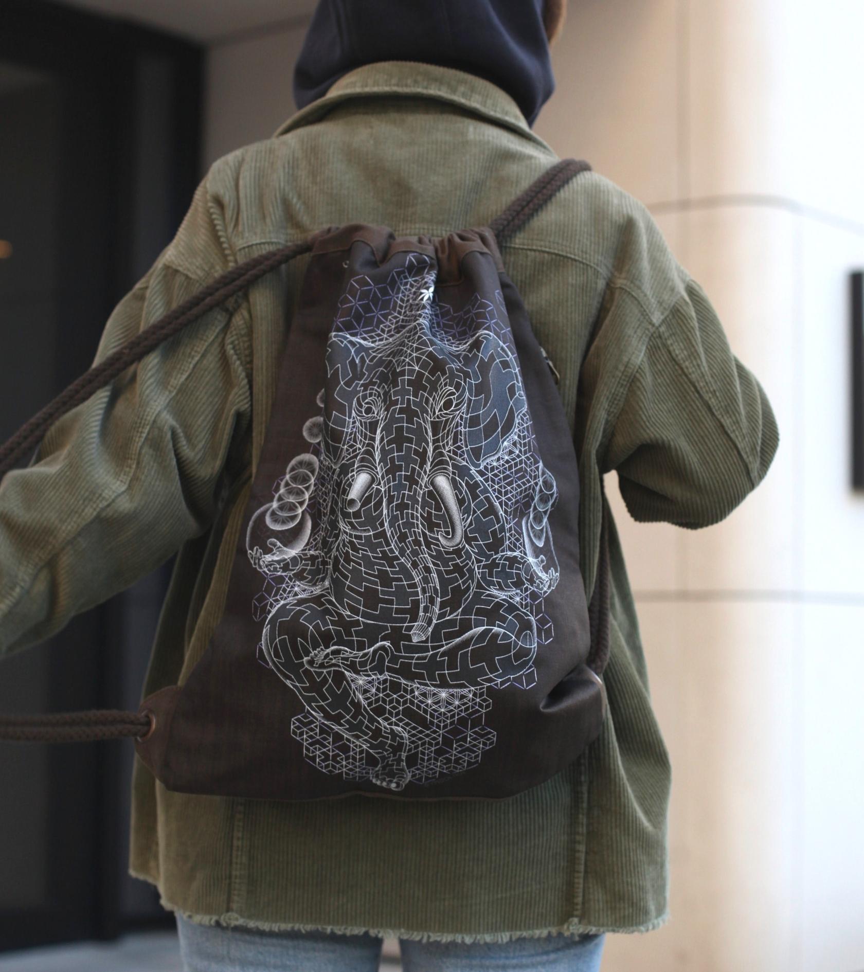 Ganescher Drawstring Bag Psychedelic Art Print on Black T-Shirt by Symbolika