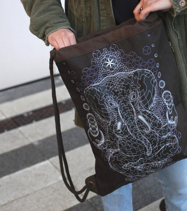Ganescher Drawstring Bag - Sacred Geometry Ganesha Art - Khaki
