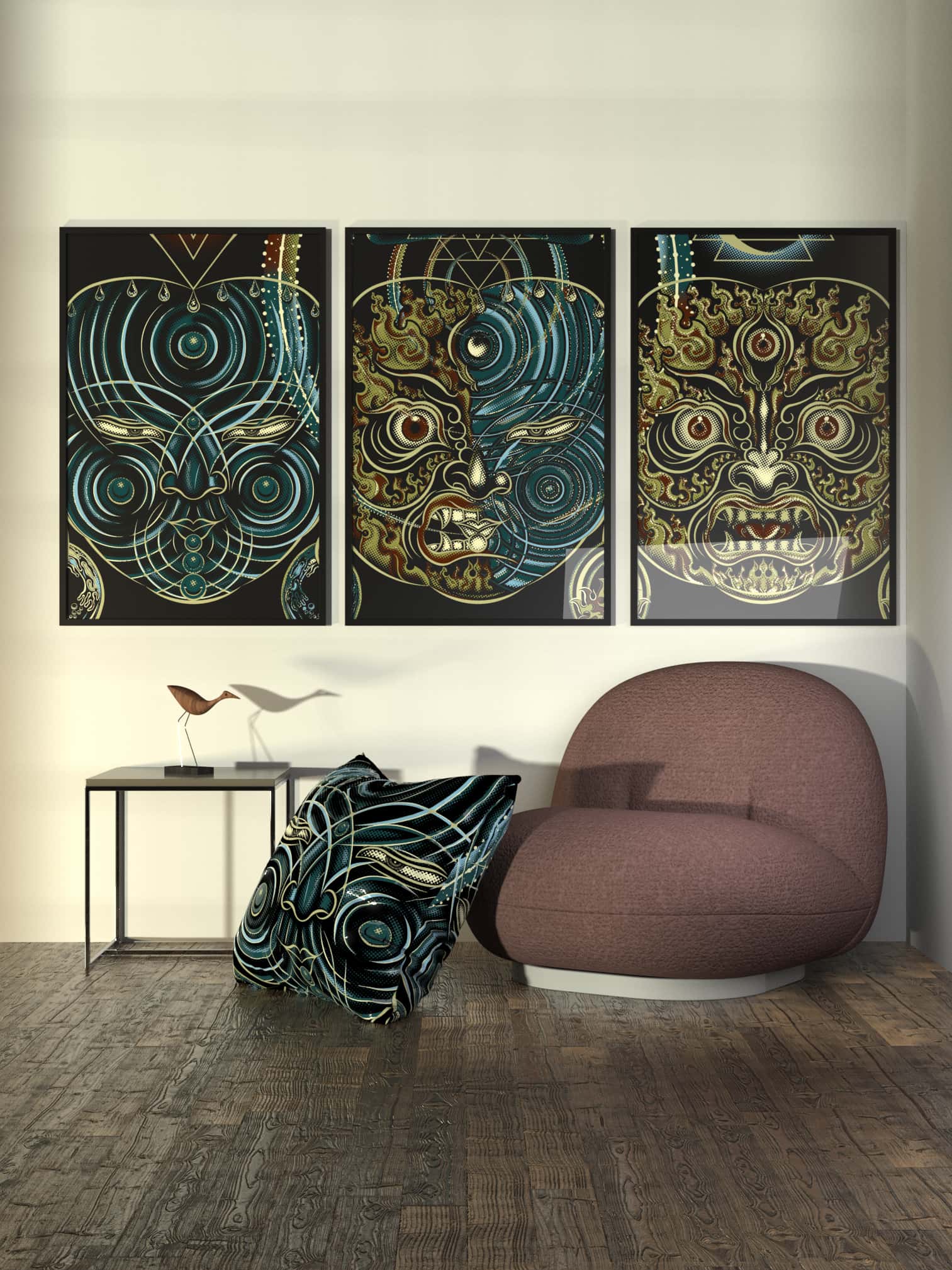 Set of 3 YogaBhoga Faces Framed Poster - symbolika