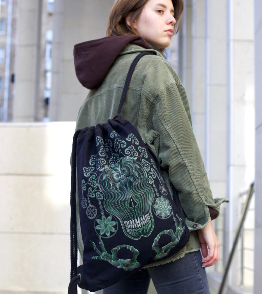 Gulgalta Drawstring Bag - ornate skull design with swirling patterns by Symbolika