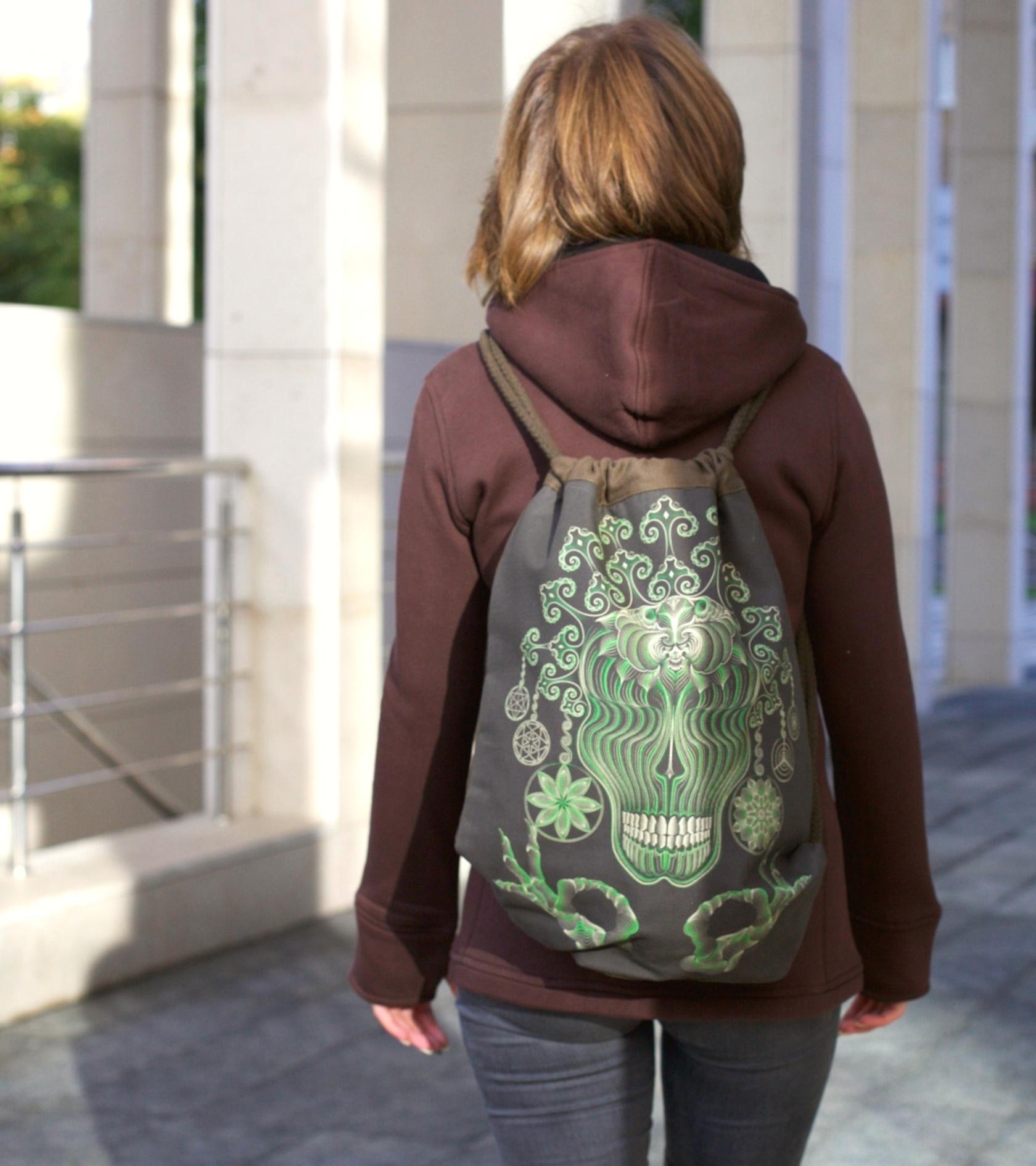 Gulgalta Drawstring Bag - Green skull art on grey canvas by Symbolika