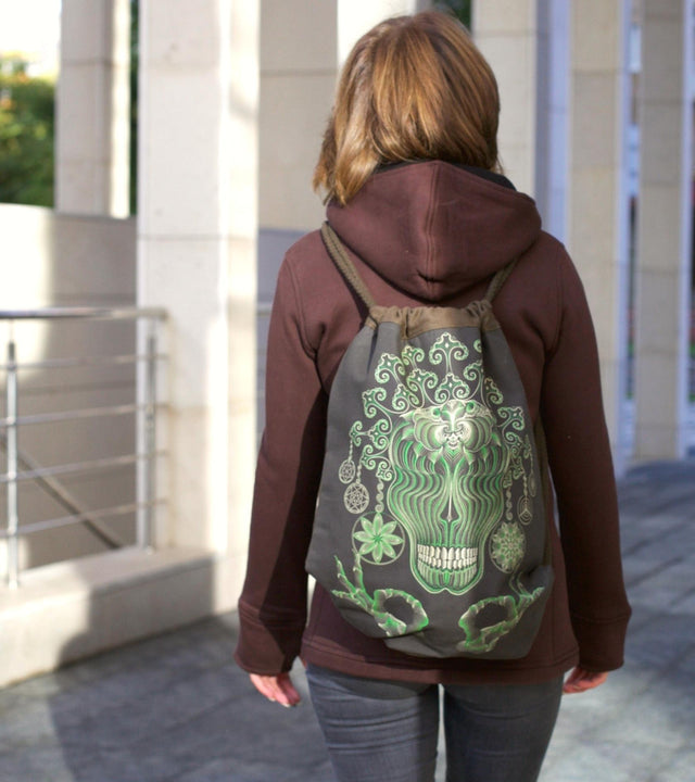 Gulgalta Drawstring Bag - Grey Canvas with UV Reactive Skull Art