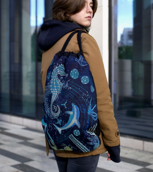 The Blueprint 2 SEA Drawstring Bag Navy - UV Reactive Ocean Art