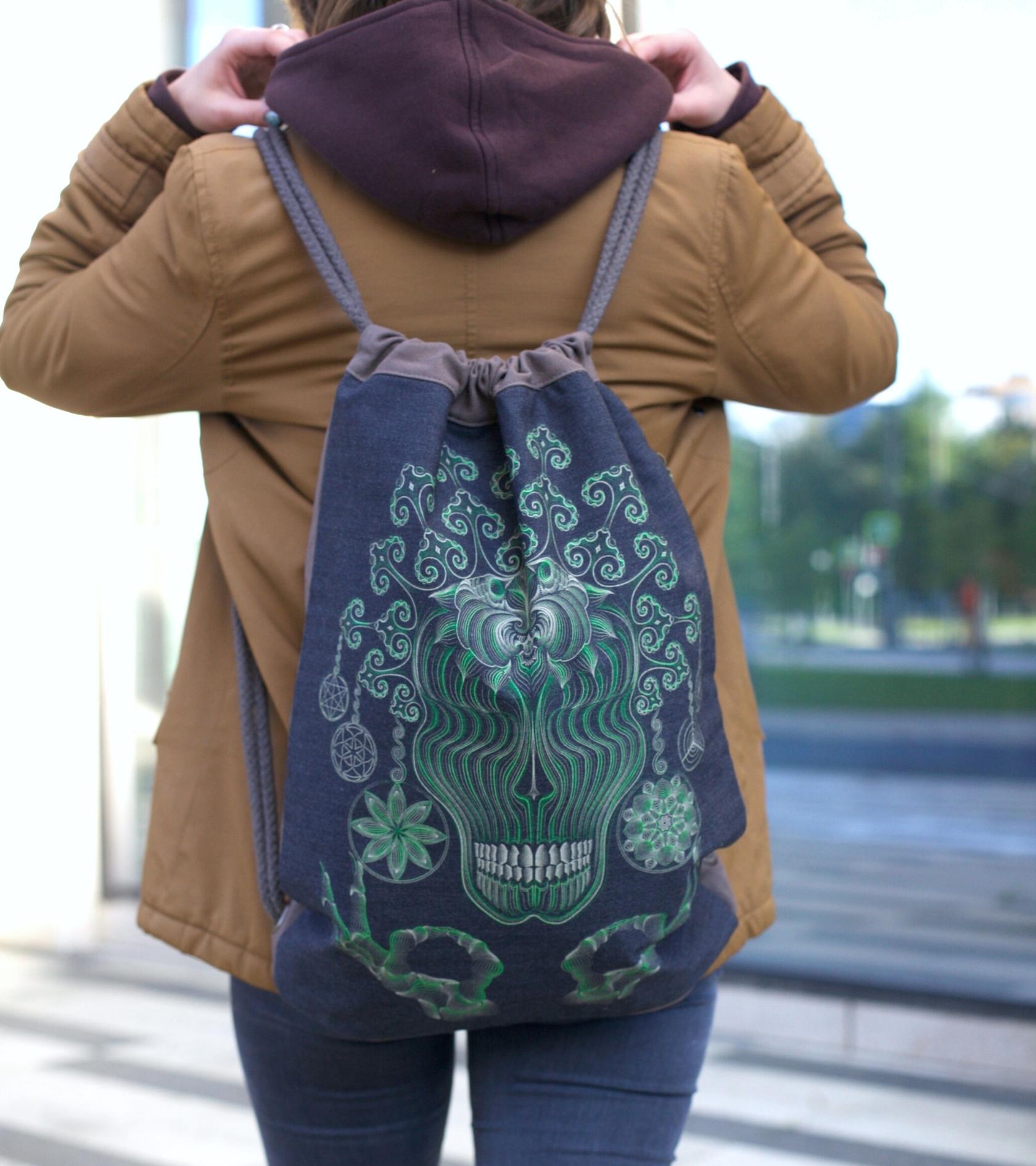 Gulgalta Drawstring Bag - Skull memento mori art in green tones by Symbolika