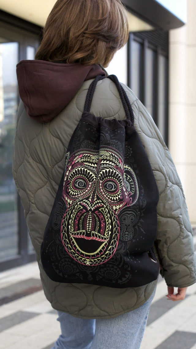 Ta Moko Drawstring Bag - Black Canvas with UV Reactive Print