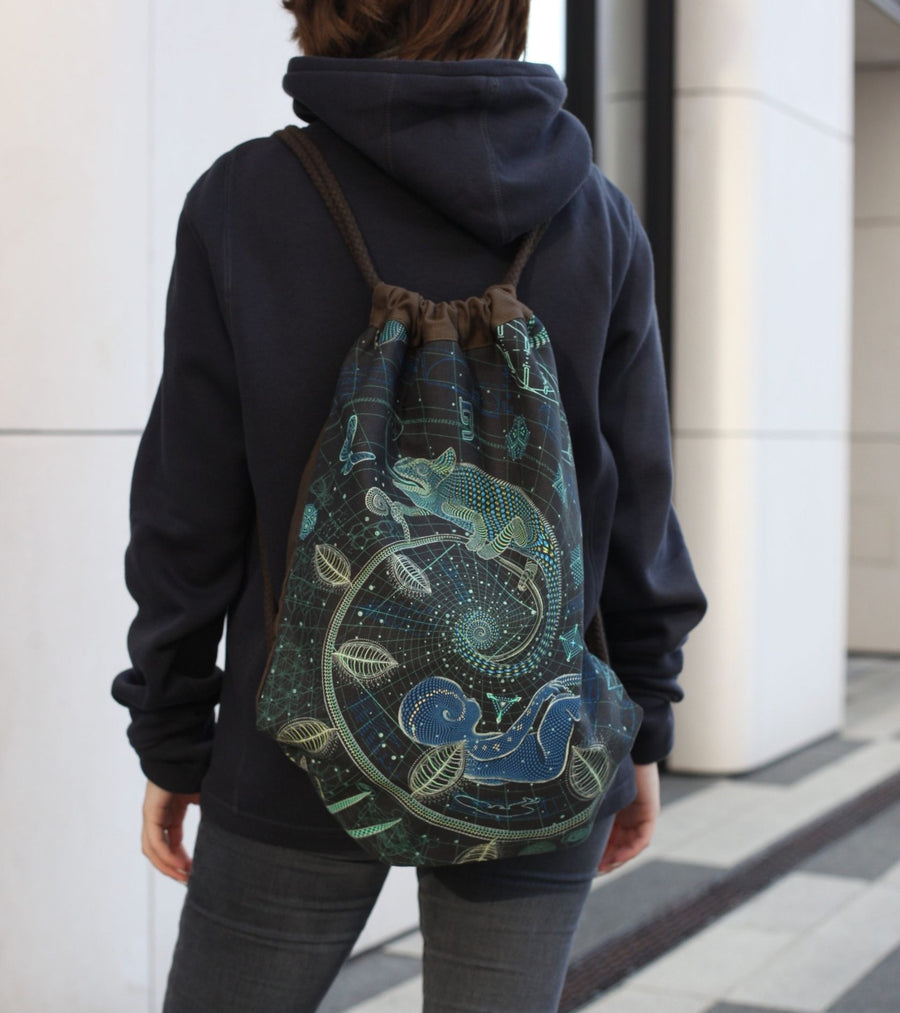 Blueprint Land Drawstring Bag - geometric patterns on brown canvas by Symbolika