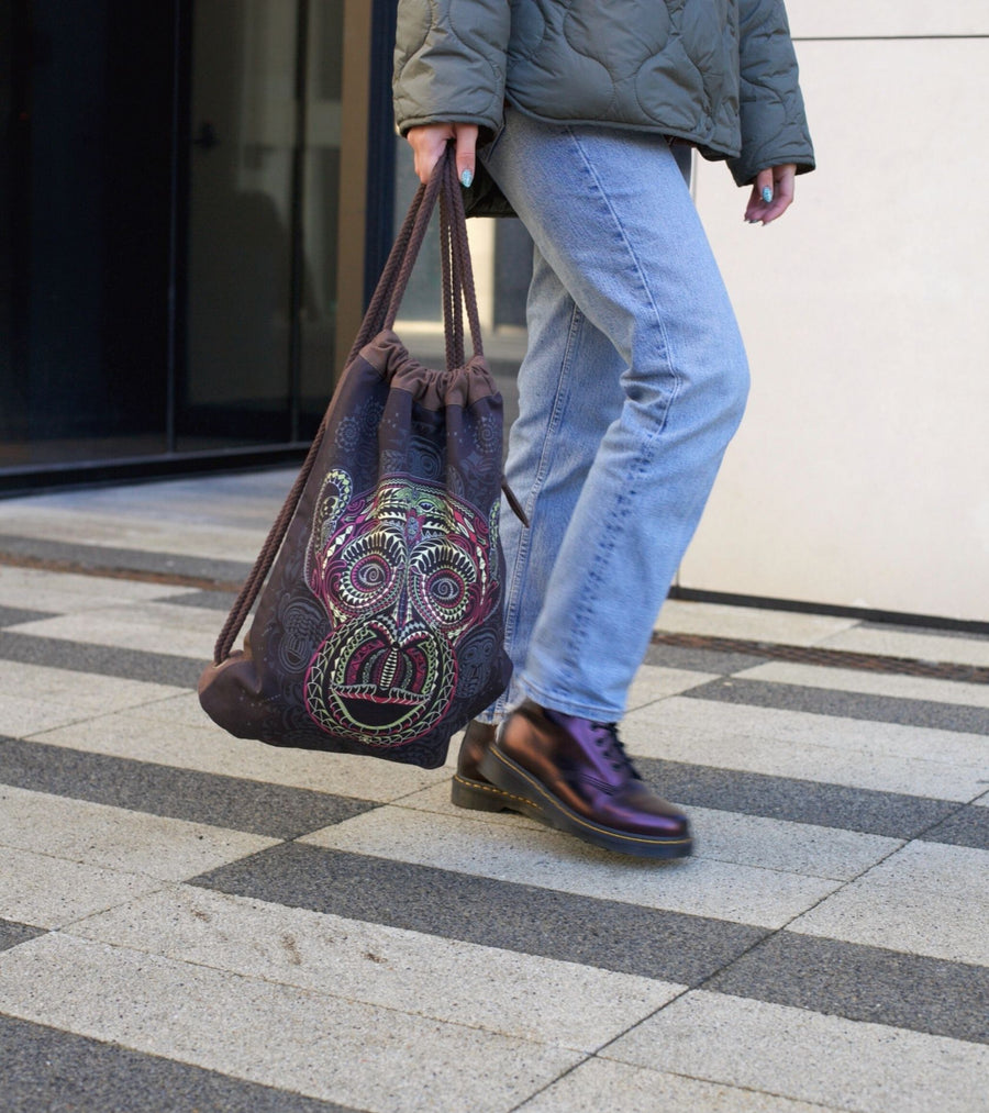 Tā Moko Drawstring Bag Drawstring Bag - Front View by Symbolika