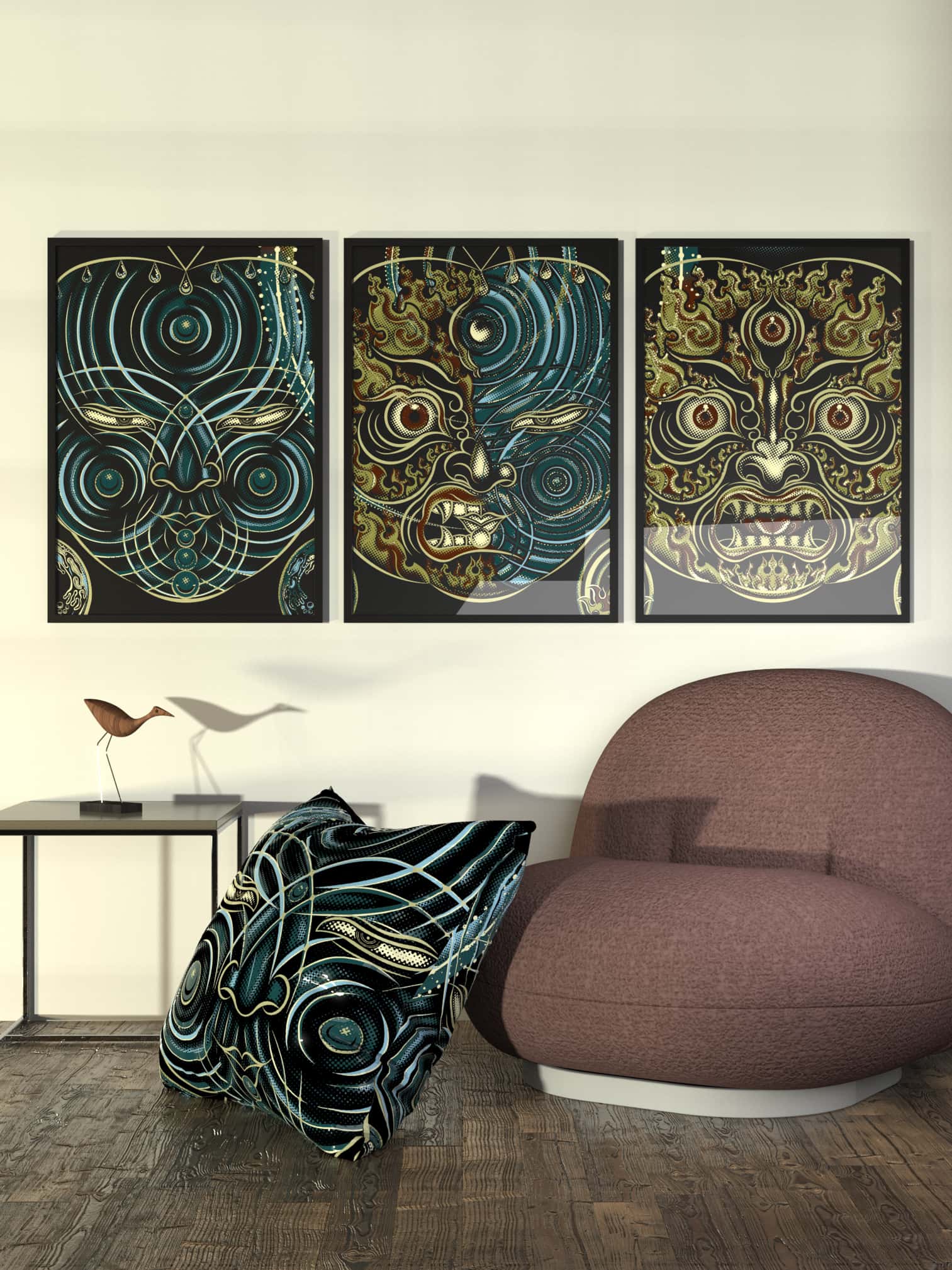 Set of 3 YogaBhoga Faces Framed Poster - symbolika
