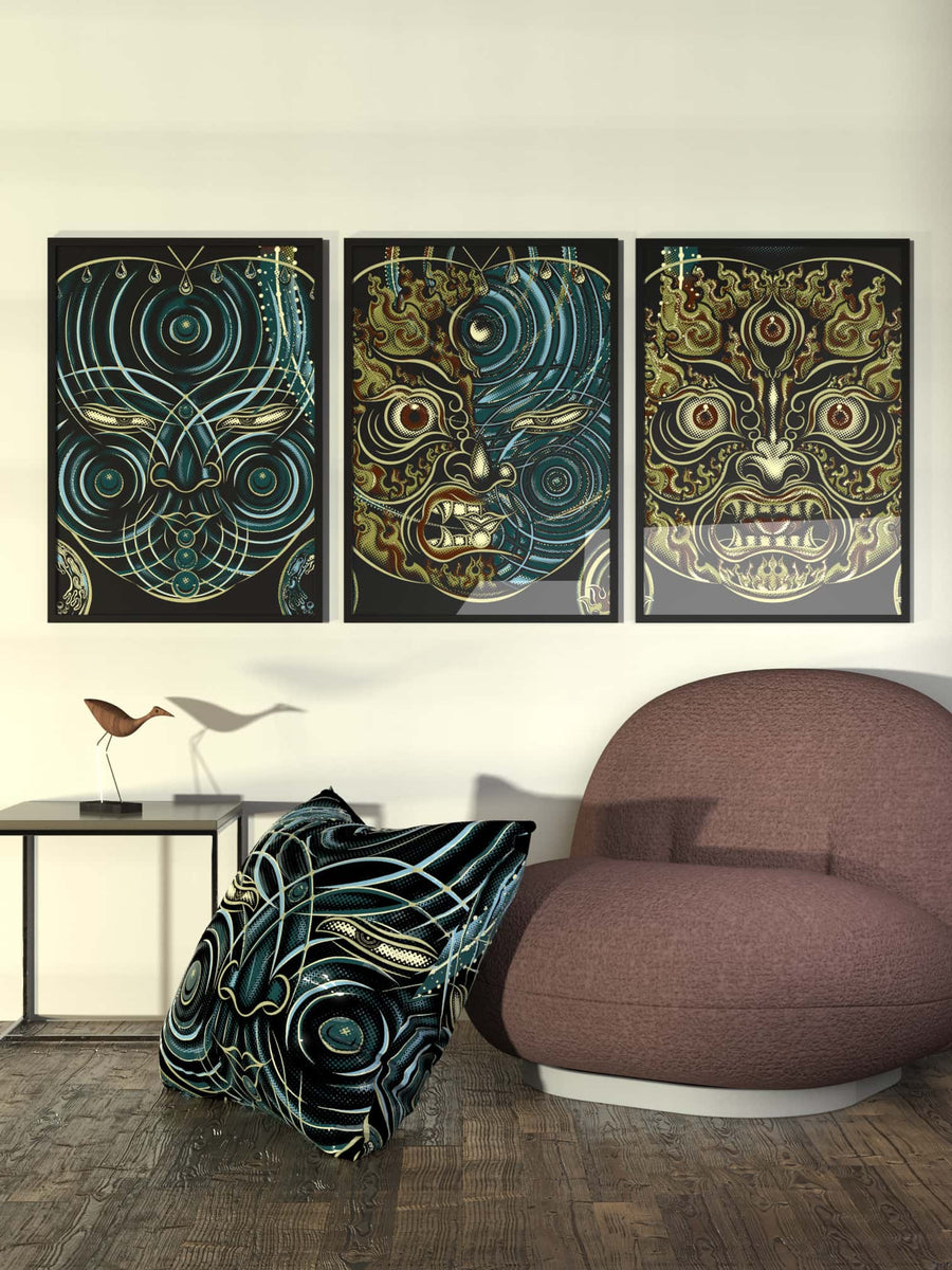 Set of 3 YogaBhoga Faces Framed Poster - symbolika