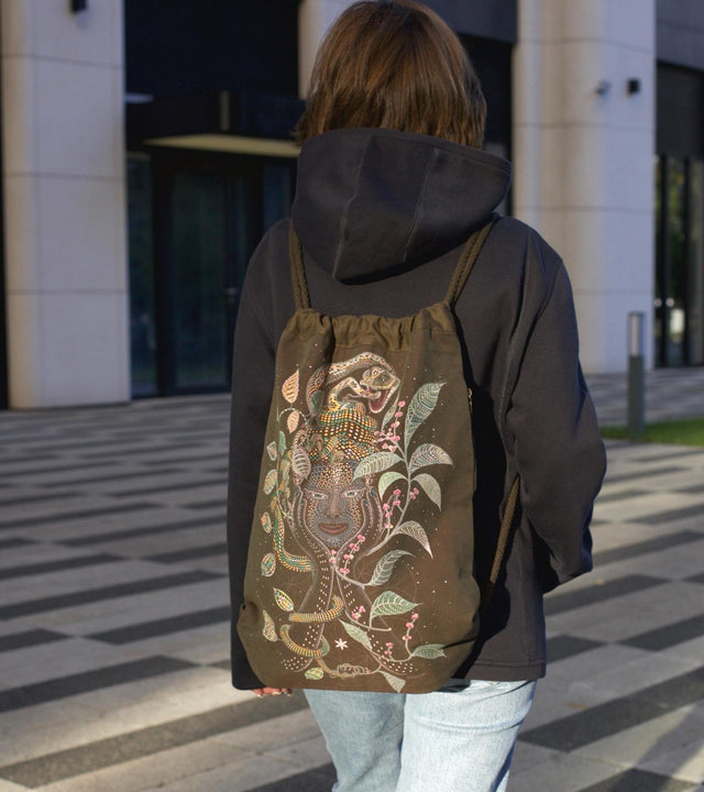 Aya Drawstring Bag - Sacred Geometry Canvas Backpack with UV Reactive