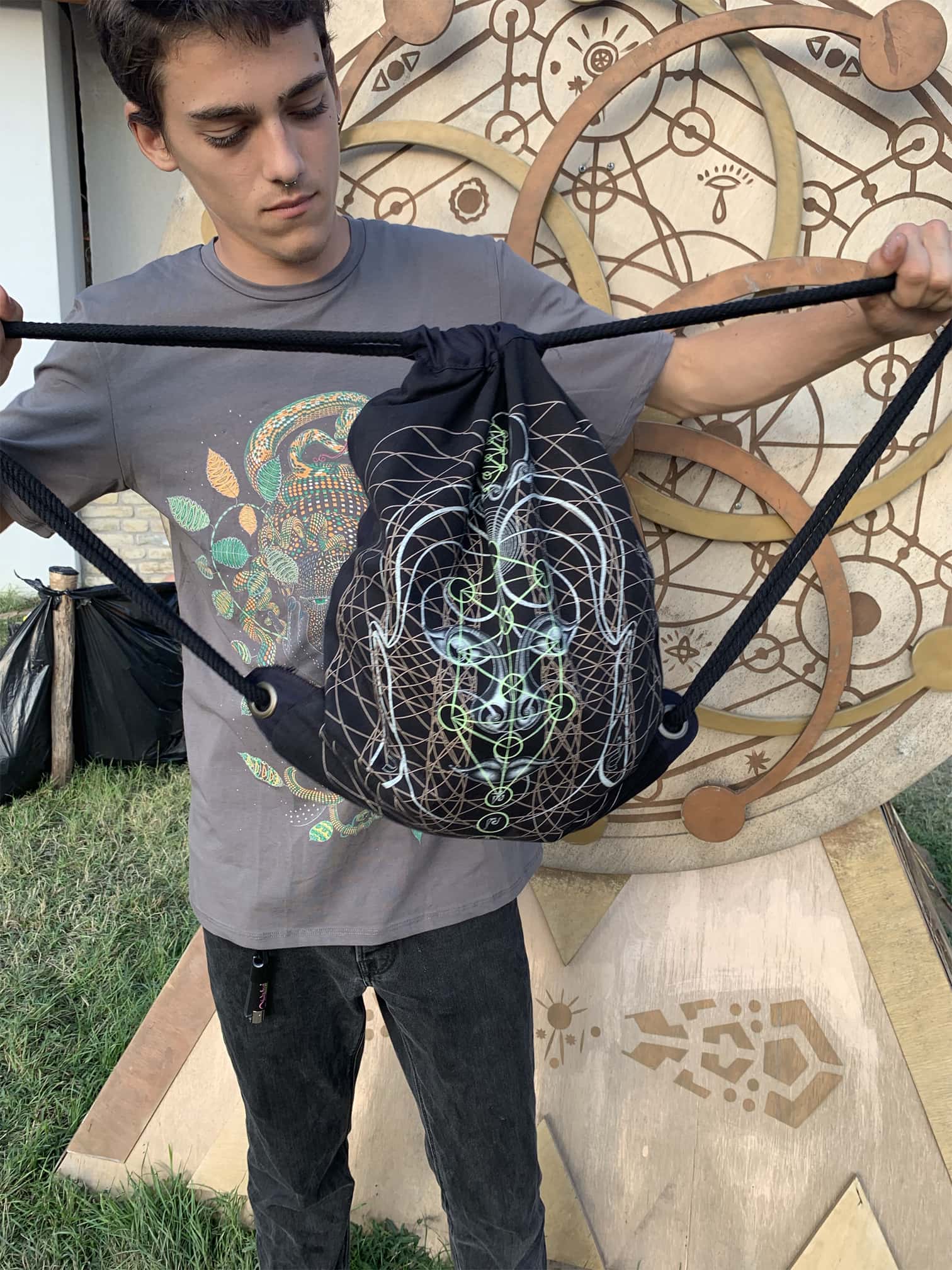 Buddha Vibes Hung Drawstring Bag Drawstring Bag - Size and Fit View by Symbolika
