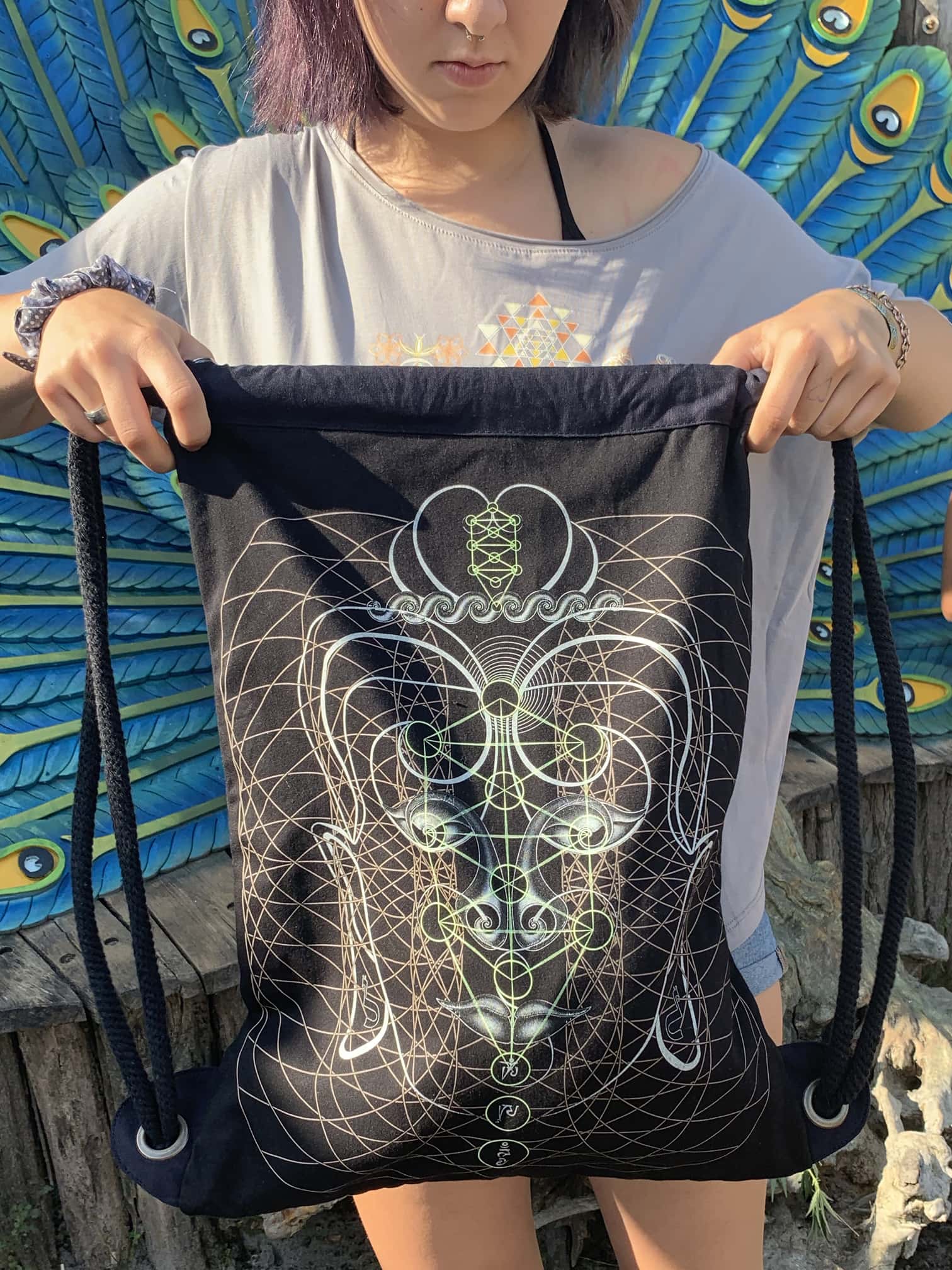 Buddha Vibes Hung Drawstring Bag Drawstring Bag - Front View by Symbolika