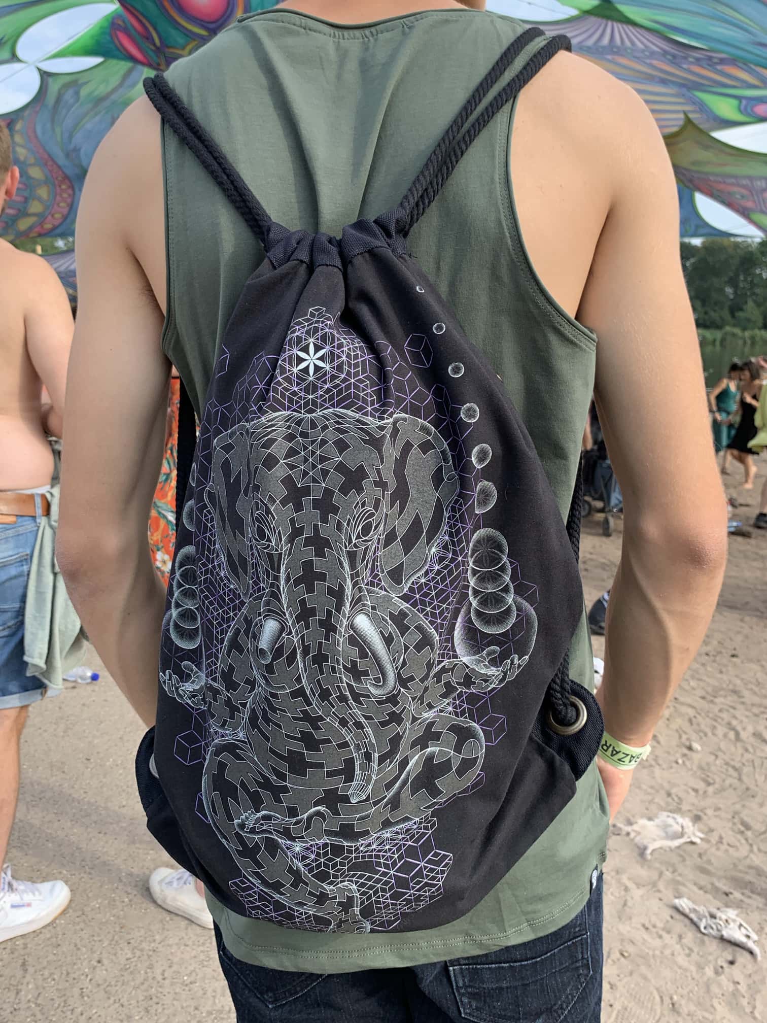 Ganescher Drawstring Bag Psychedelic Art Print on Black T-Shirt by Symbolika