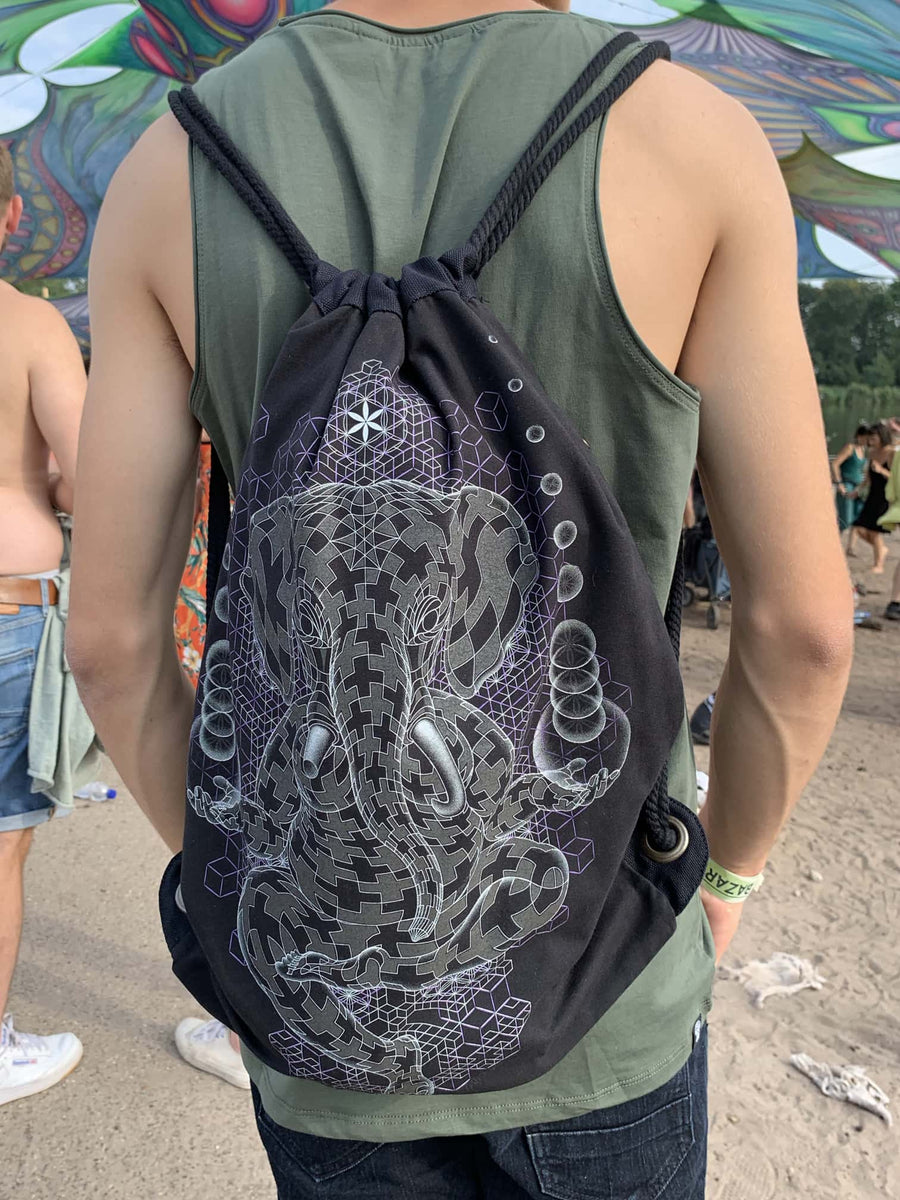 Ganescher Drawstring Bag Psychedelic Art Print on Black T-Shirt by Symbolika