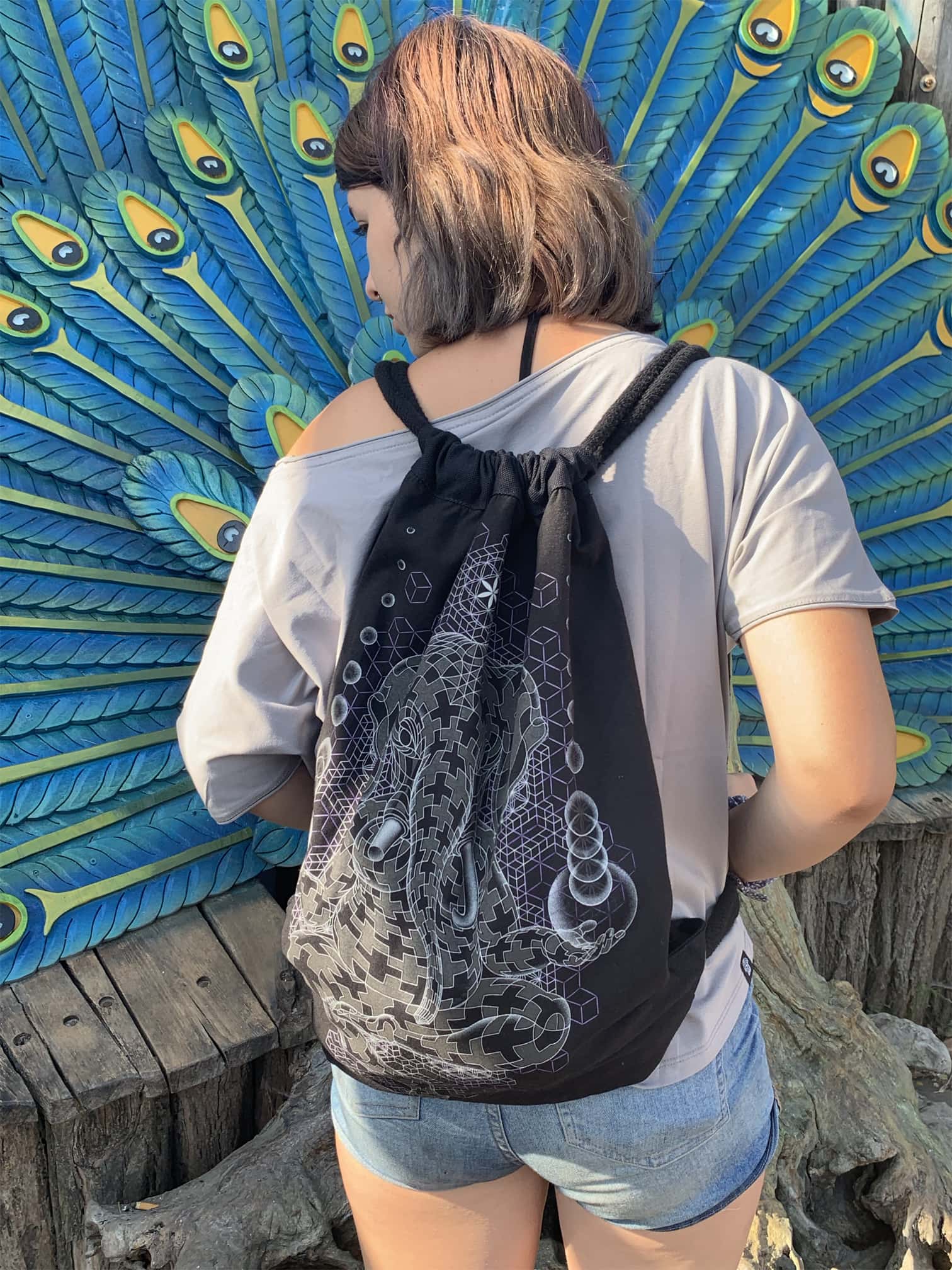 Ganescher Drawstring Bag - Escher-style Ganesha tessellation in white on black by Symbolika